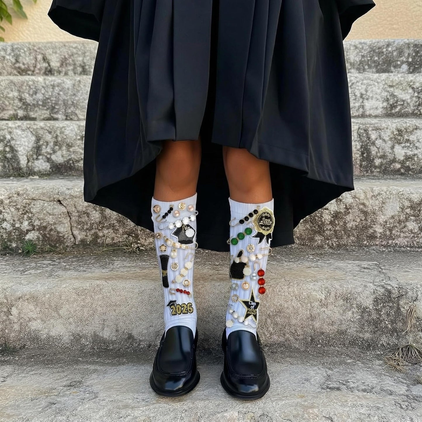Wavwavw 35 Pcs Graduation Junk Sock Charms with 8 Graduate Iron-on Patches, Class of 2026 DIY Sock Pins Jewelry Accessories Graduation Shoes Brooch Accessories for Women Clothes Hats Scarf Shawl