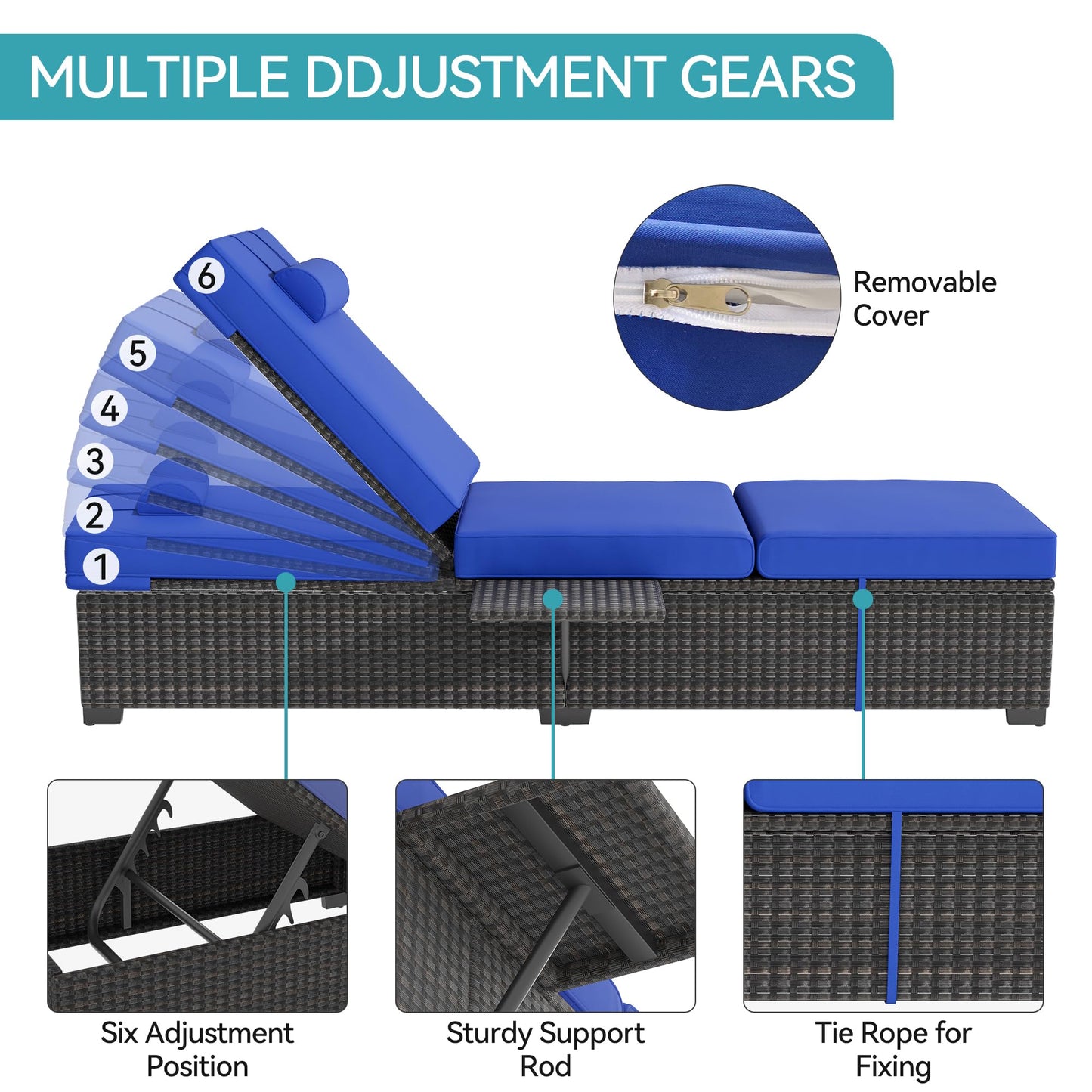Garvee Outdoor Chaise Lounge Set of 2, 5-Position Adjustable Reclining PE Wicker Lounge Chairs with Cushions for Poolside, Garden, Patio, Backyard, Blue