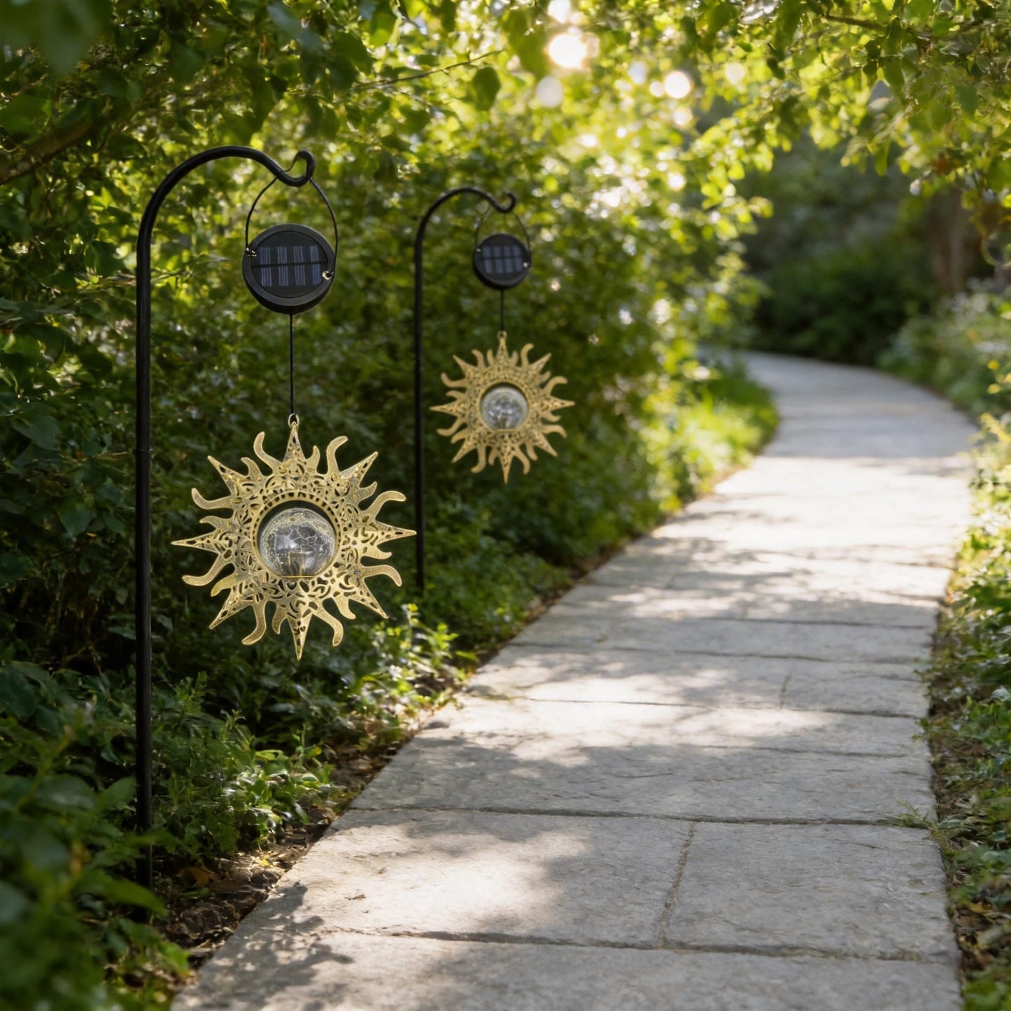 QCF Hanging Solar Sun Lights Outdoor Waterproof Decor, 2 Pack Metal Daystar Shell & Glass LED Globe Lanterns for Garden, Backyard, Balcony, Patio, Tree, Wall, Mother's Day Gifts for Women Mom