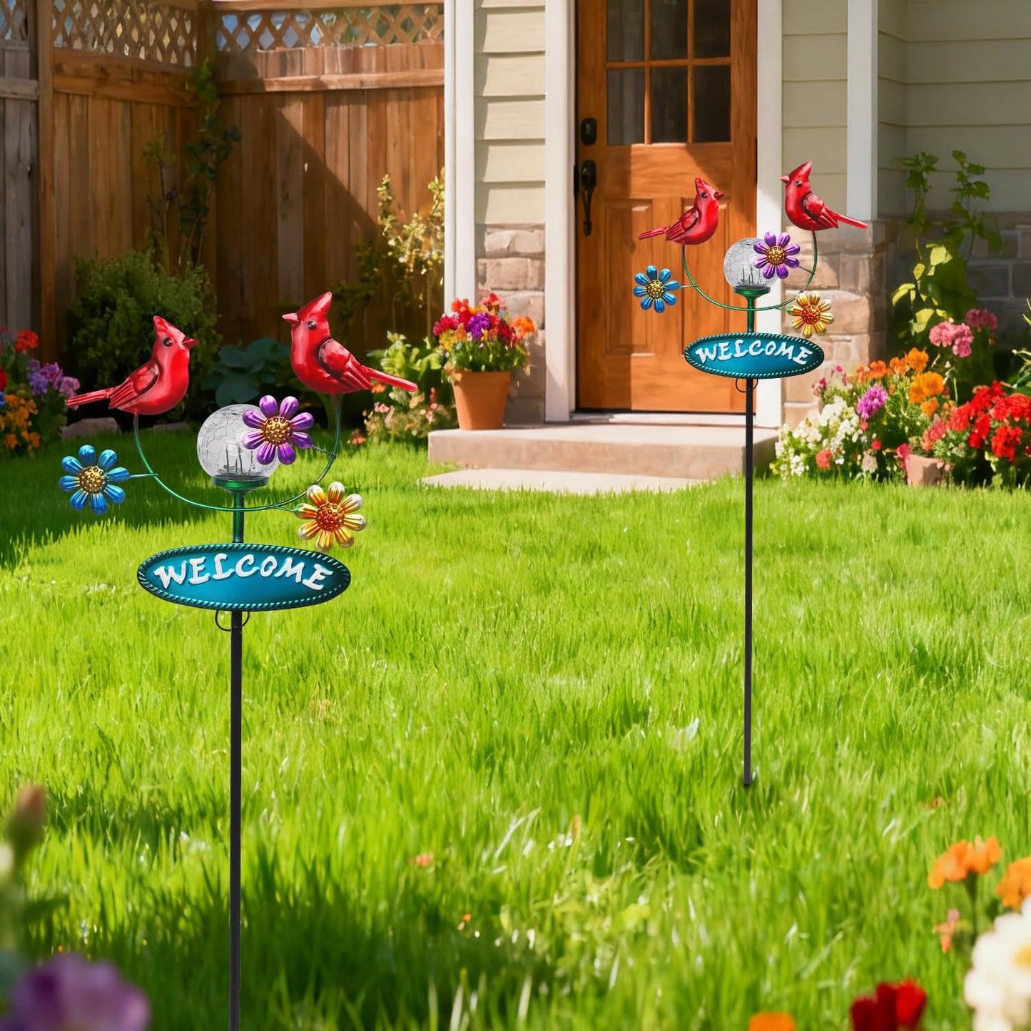 Newinhome Solar Garden Stakes Metal Welcome Signs for Outside 29.5', 2 Flying Cardinals with Cracked Glass Ball,Decorative Garden Stakes for Lawn, Patio, Cardinal Gifts for Women