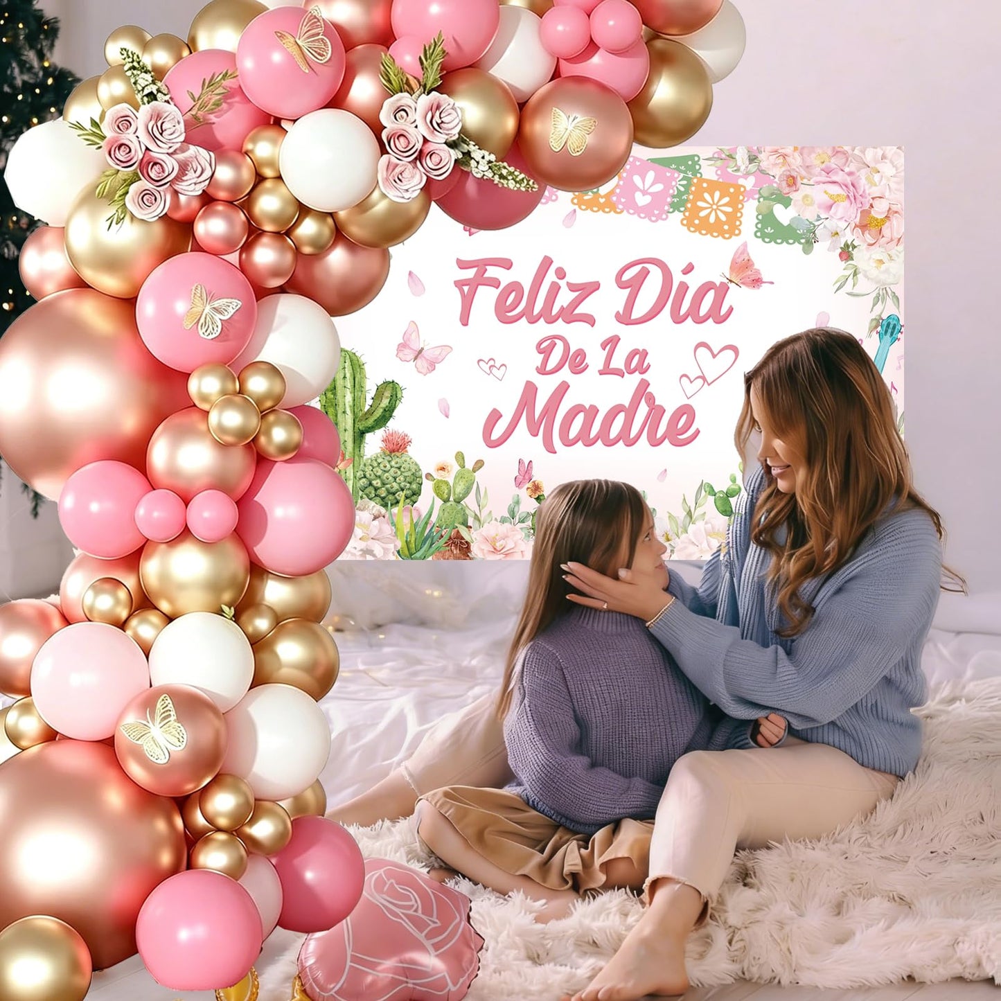 Feliz Da De La Madre Balloon Arch Kit 115 Pcs Mexican Mother's Day Balloon Garland Kit Rose Gold Pink White Balloons with Banner for Best Mom Ever Mothers Day Party Supplies