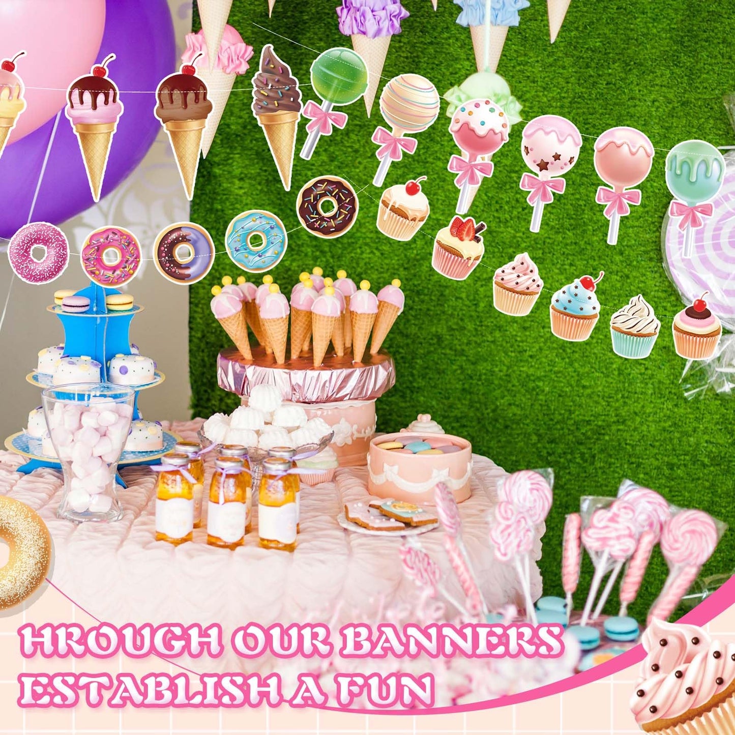 Saypacck 64 Pcs Candy Party Decorations Includes 8 Pack Ice Cream Party Banner Donut Theme Lollipop Cupcakes Banner Hanging Donut Garland Kit for Grow up Birthday Party Supplies