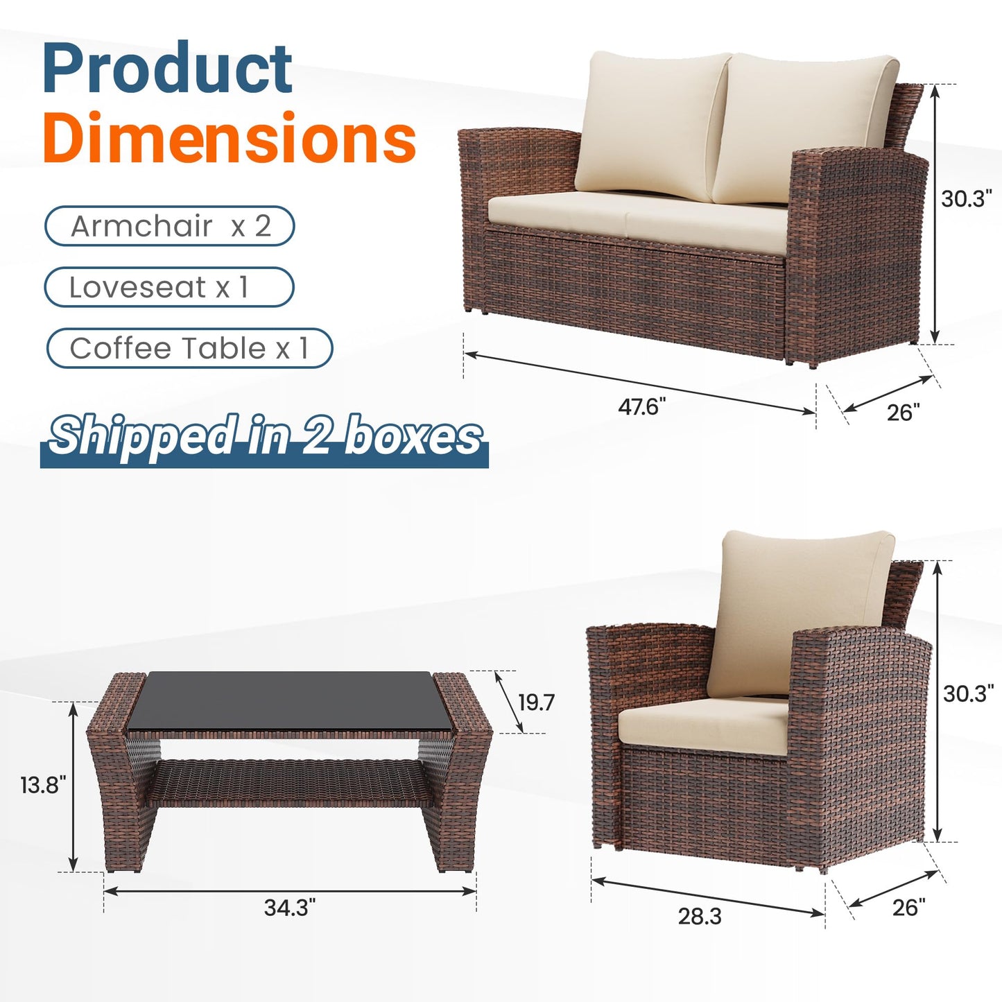 Wisteria Lane Patio Furniture Set, Wicker Outside Outdoor Furniture for All Weather, Patio Sofa with High Backrest Support and Wide Armrest for Backyard, Balcony, Deck, Porch, Brown