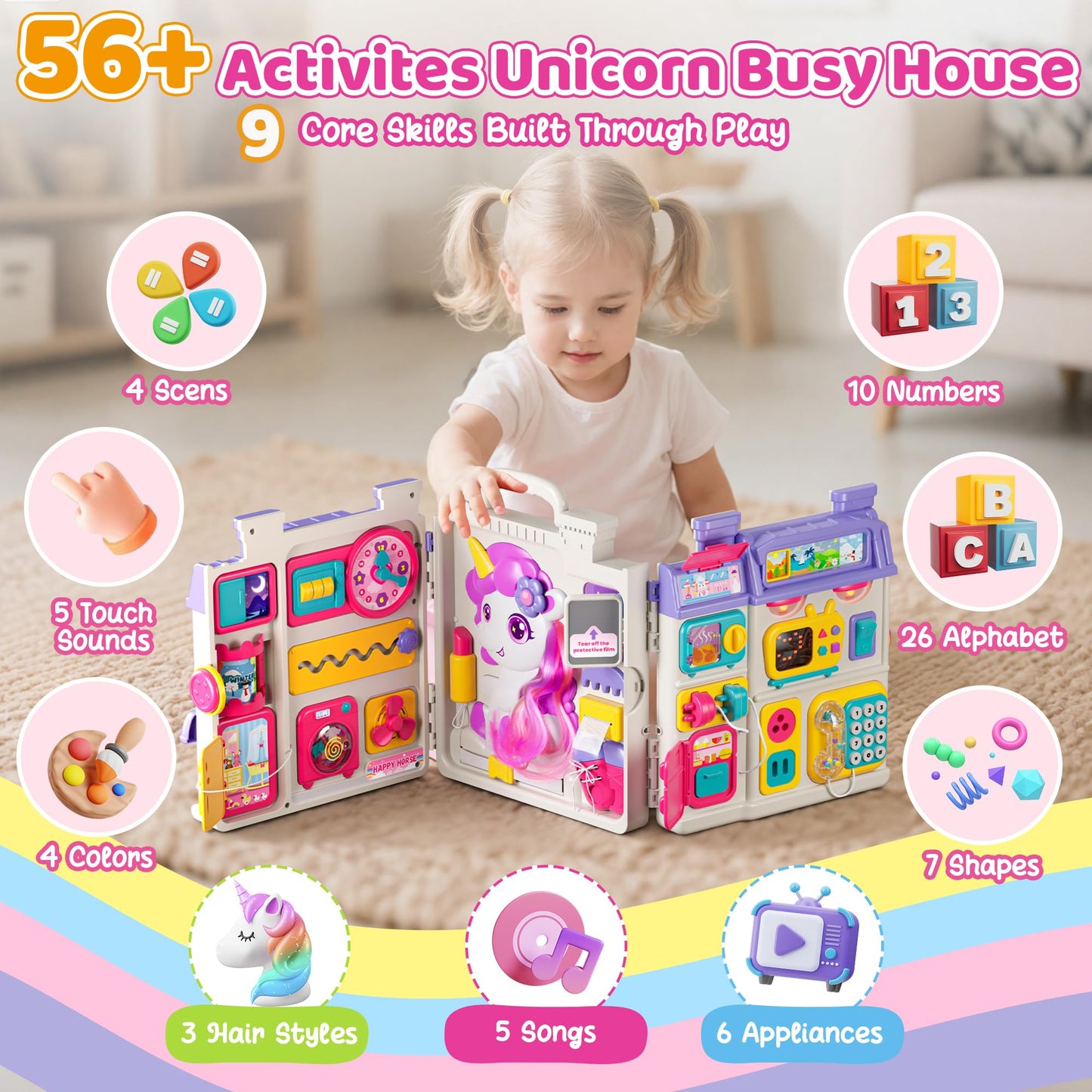 Nicella Busy Board for 1 Year Old Girl Gifts, Montessori Toys for 1 2 Year Old - 56+ Activities Bilingual Music Learning Sensory Toys for Toddlers 1-3 - Birthday Gift for 1+ Year Old Girl Boy