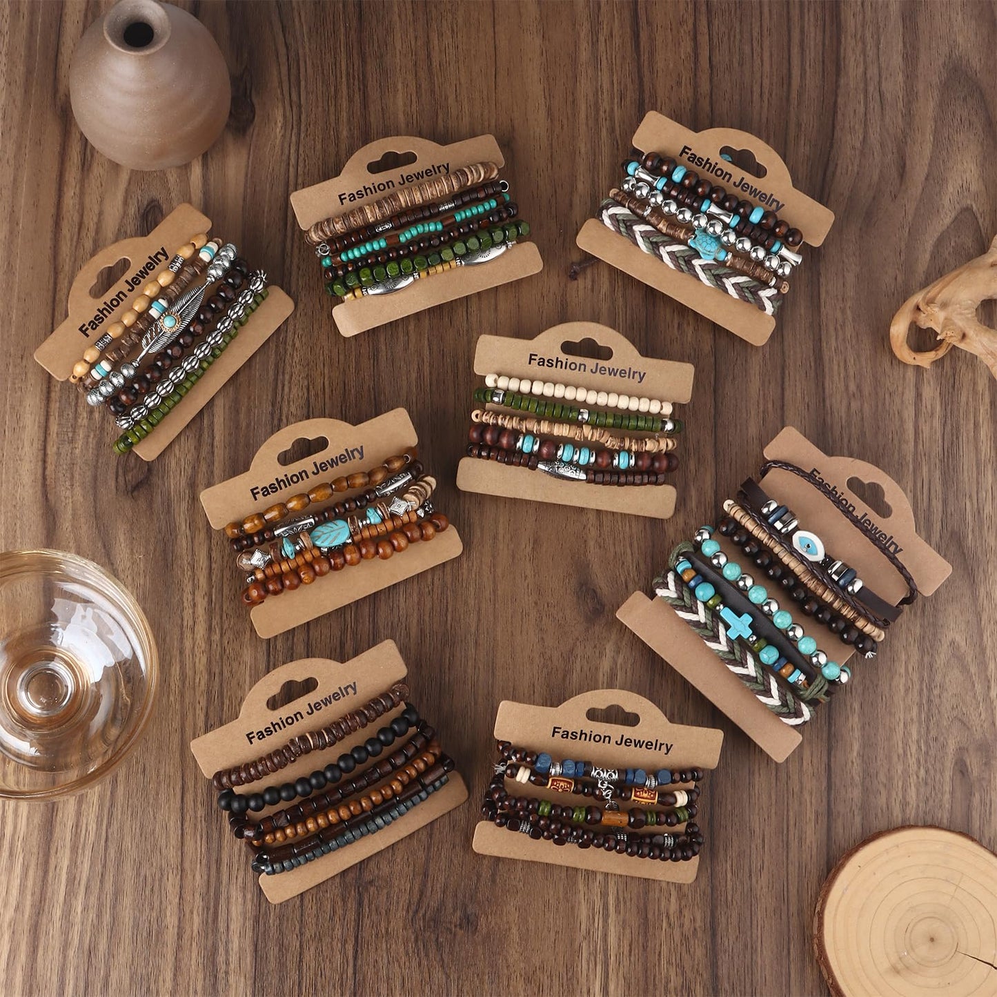 Giovanchi 44 PCS Beaded Bracelets for Mens Larger Size Women Adjustable Boho Punk Braided Wooden Bead Bracelet Bulk Wood Bangles Wristbands Meaningful Jewelry Gift