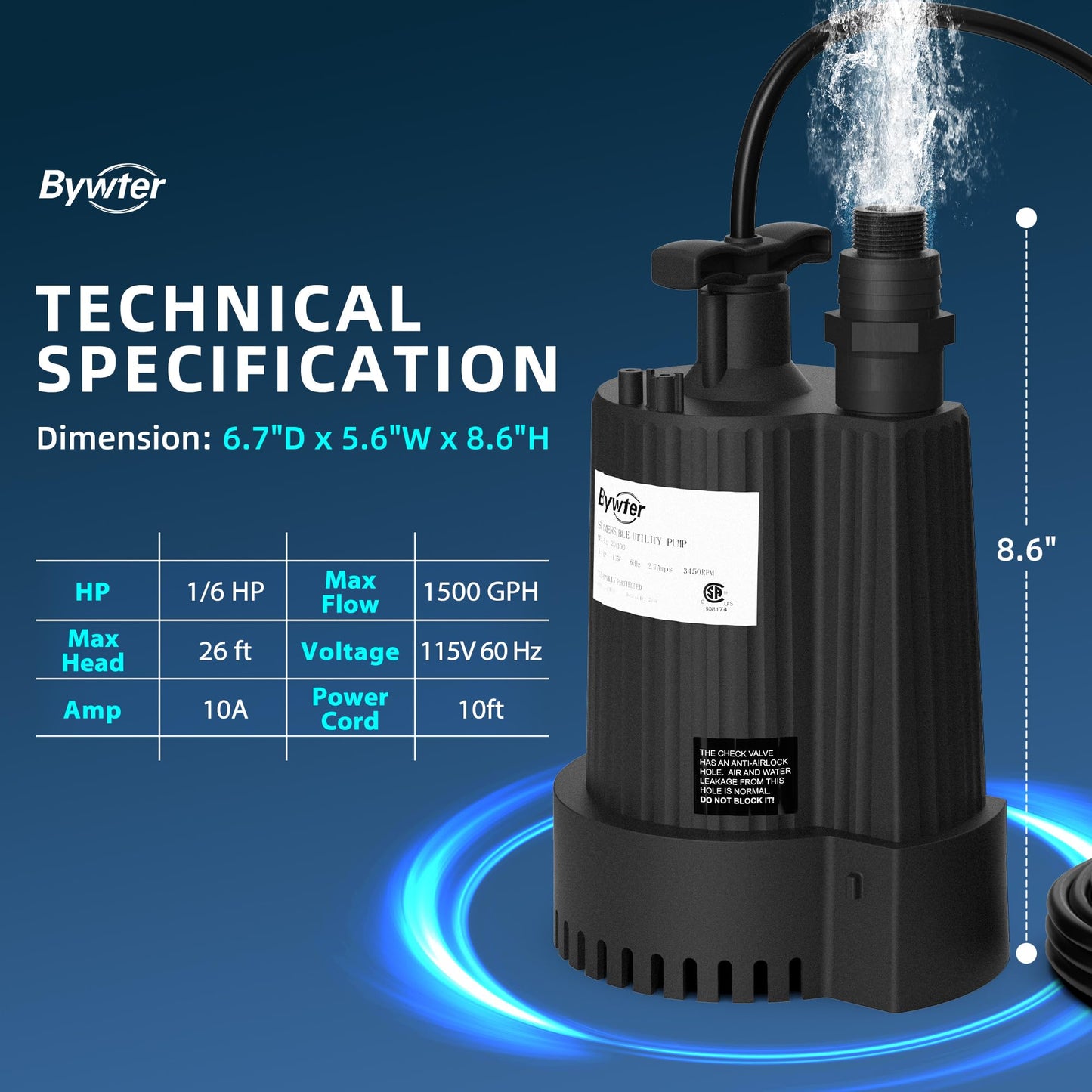 Bywter 1/6 HP Submersible Water Pump, 1500 GPH Sump Pump with Thermoplastic Housing, 115V Portable Electric Water Pump with 10 Ft Cord for Basement, Yard, Boats and Pool Covers