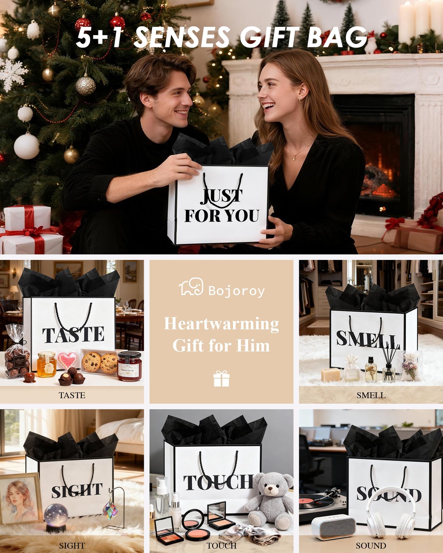 Bojoroy 5+1 Senses Gift Bags for Him/Her with Labels - A Heartwarming, Ready for Birthday, Anniversary & Holidays 6 Themed Bundle Bags for Boyfriend, Girlfriend, Husband & Wife - Classic Black & White