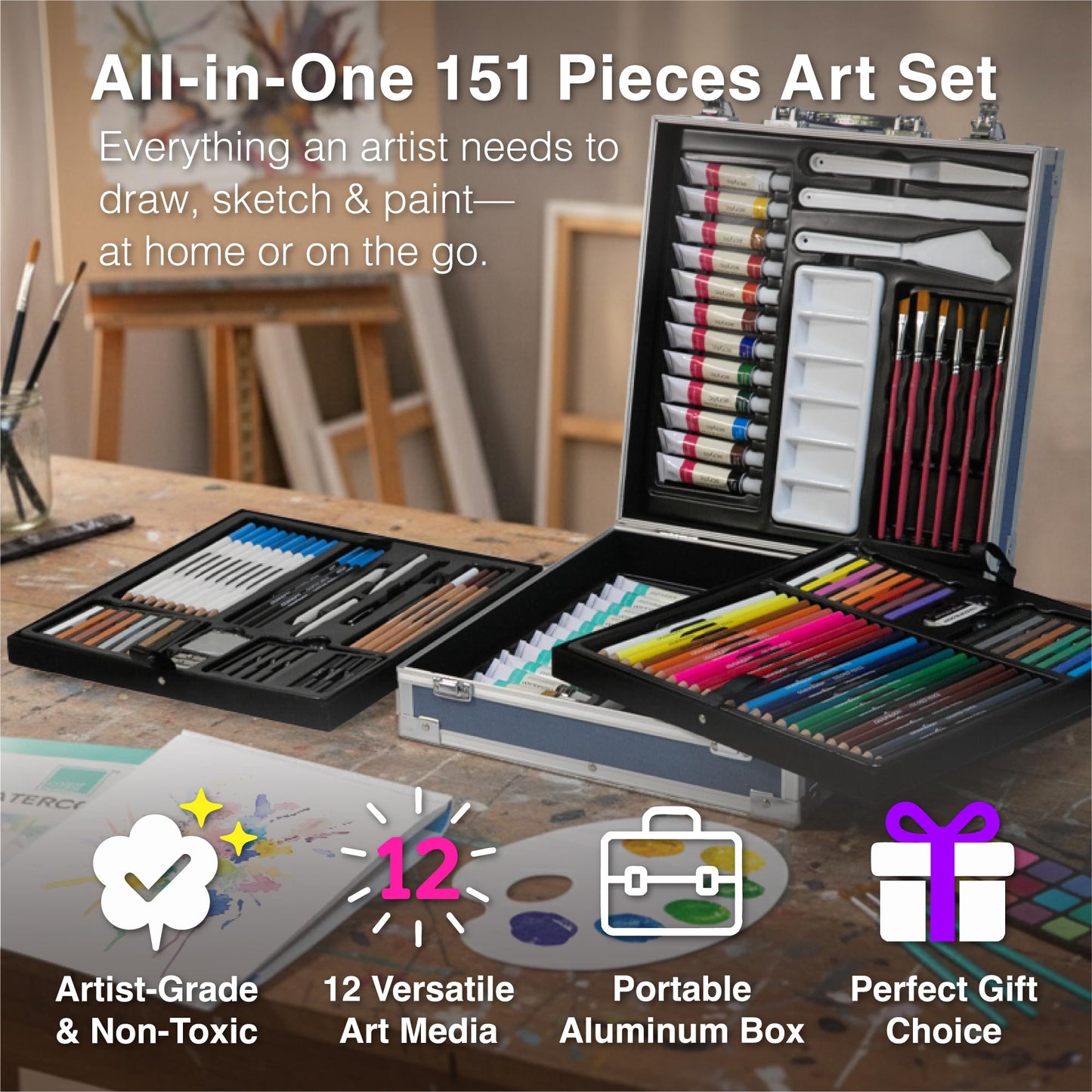 COLOUR BLOCK 151-Piece Professional Art Supply Set with Mixed Media, Paint Kit & Brushes in Aluminum Case, Complete Art Supplies for Adults, All Level Artists, Travel Art Set