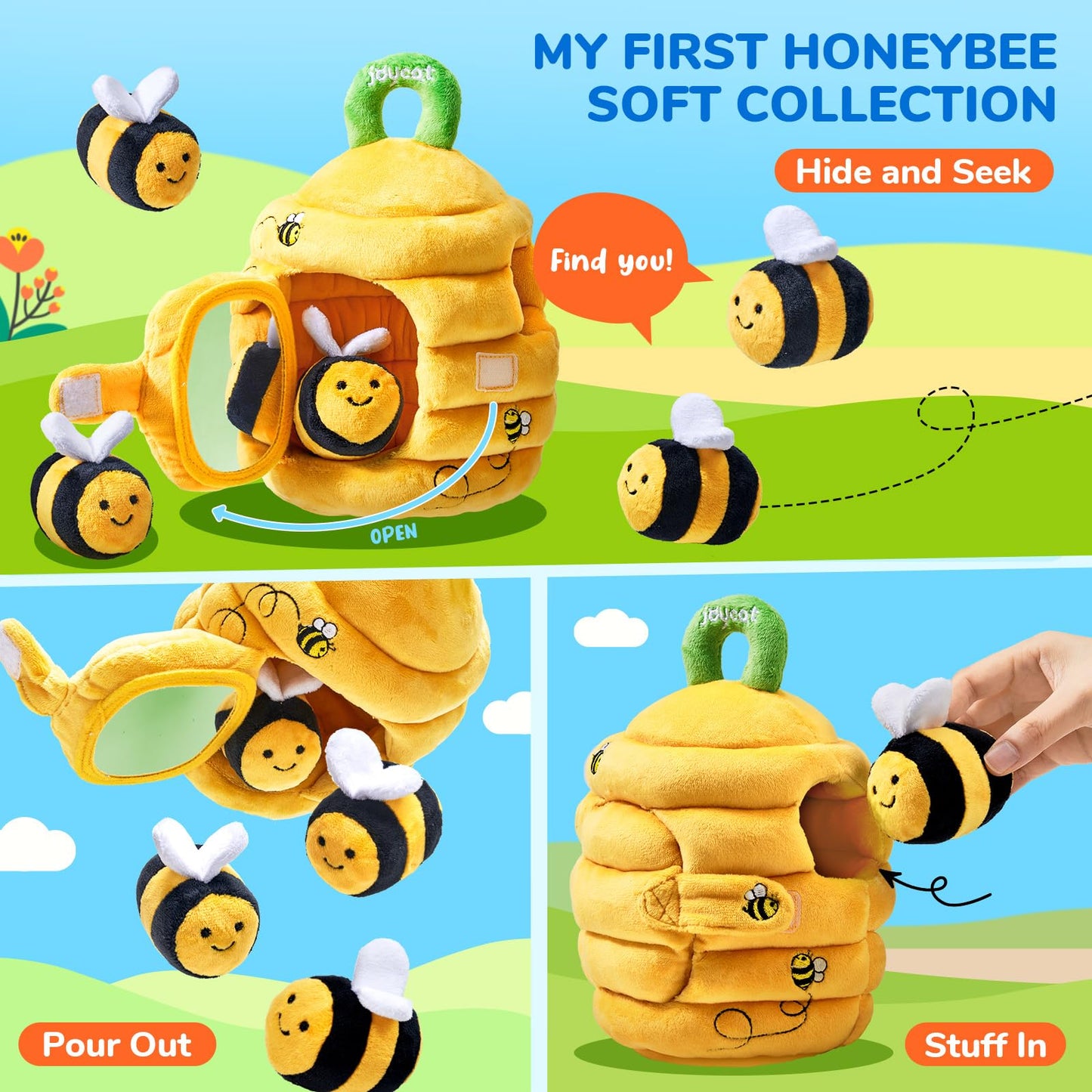 JoyCat Farm Animal Busy Book+ Soft Baby Beehive with 5 Soft Sensory Bees - Honeybee Plush Toy for 0-12 Months - Rattle, Crinkle Paper, Squeaker, Mirror, Busy Toy for Babies 6-12 Months, 0-3 Years Old