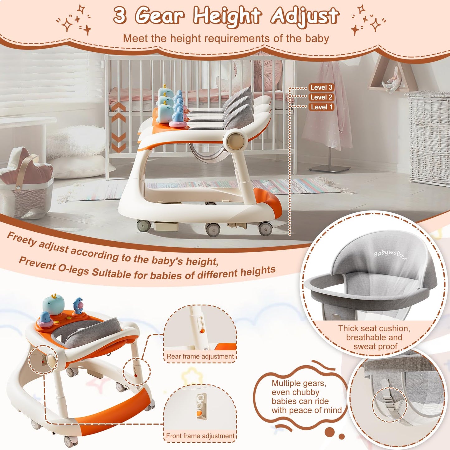 Baby Walker with Wheels, 5-in-1 Foldable Baby Walker for Boys and Girls 7-18 Months with Adjustable Height Detachable Seat and Music Tray Baby Activity Walker, Anti-Fall Activity Center for Boys Girls
