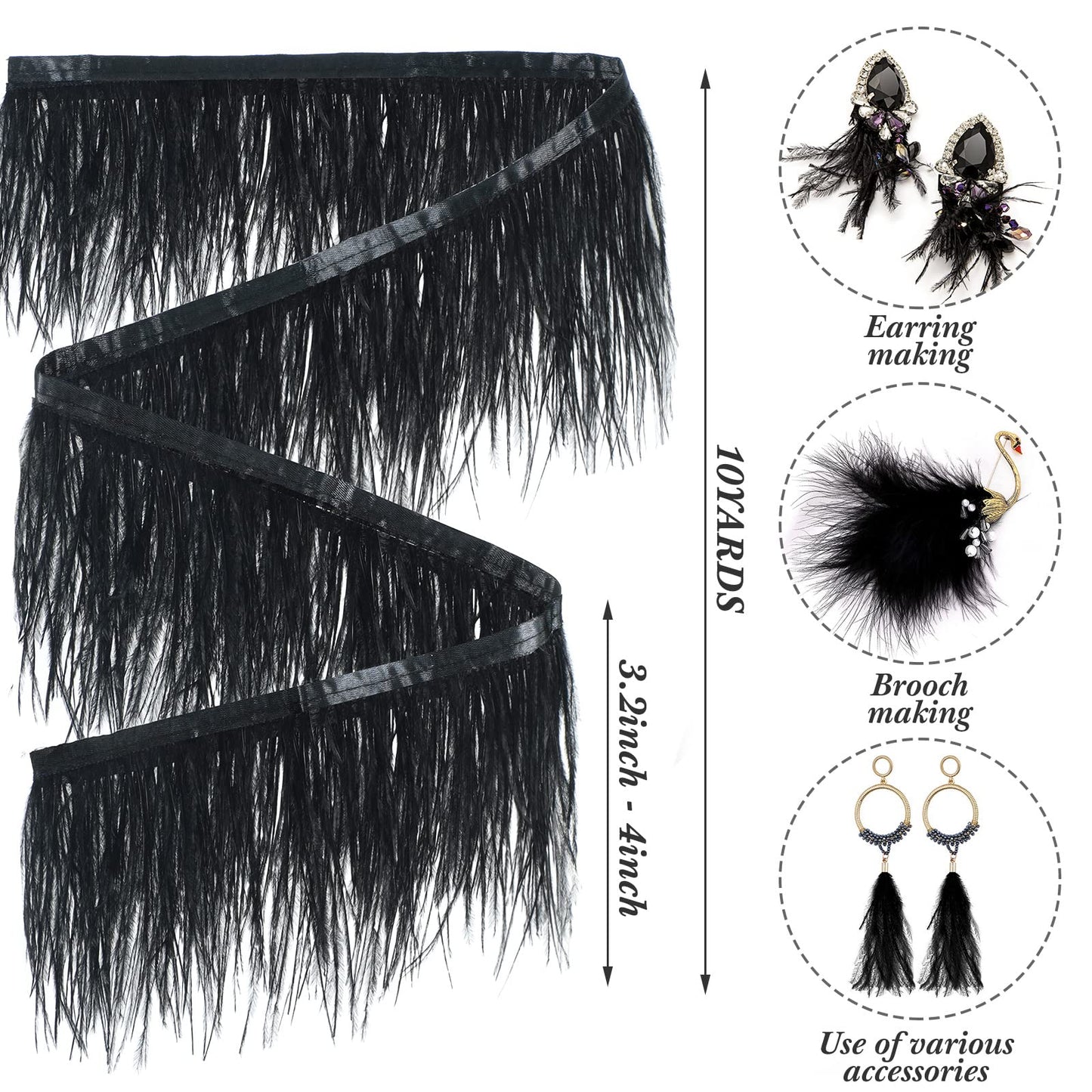 Janinka 10 Yards Black Ostrich Feathers Trims 3-4 Inch Feathers Fringe Trim Ribbon for DIY Dress Sewing Crafts Halloween Costumes Accessories
