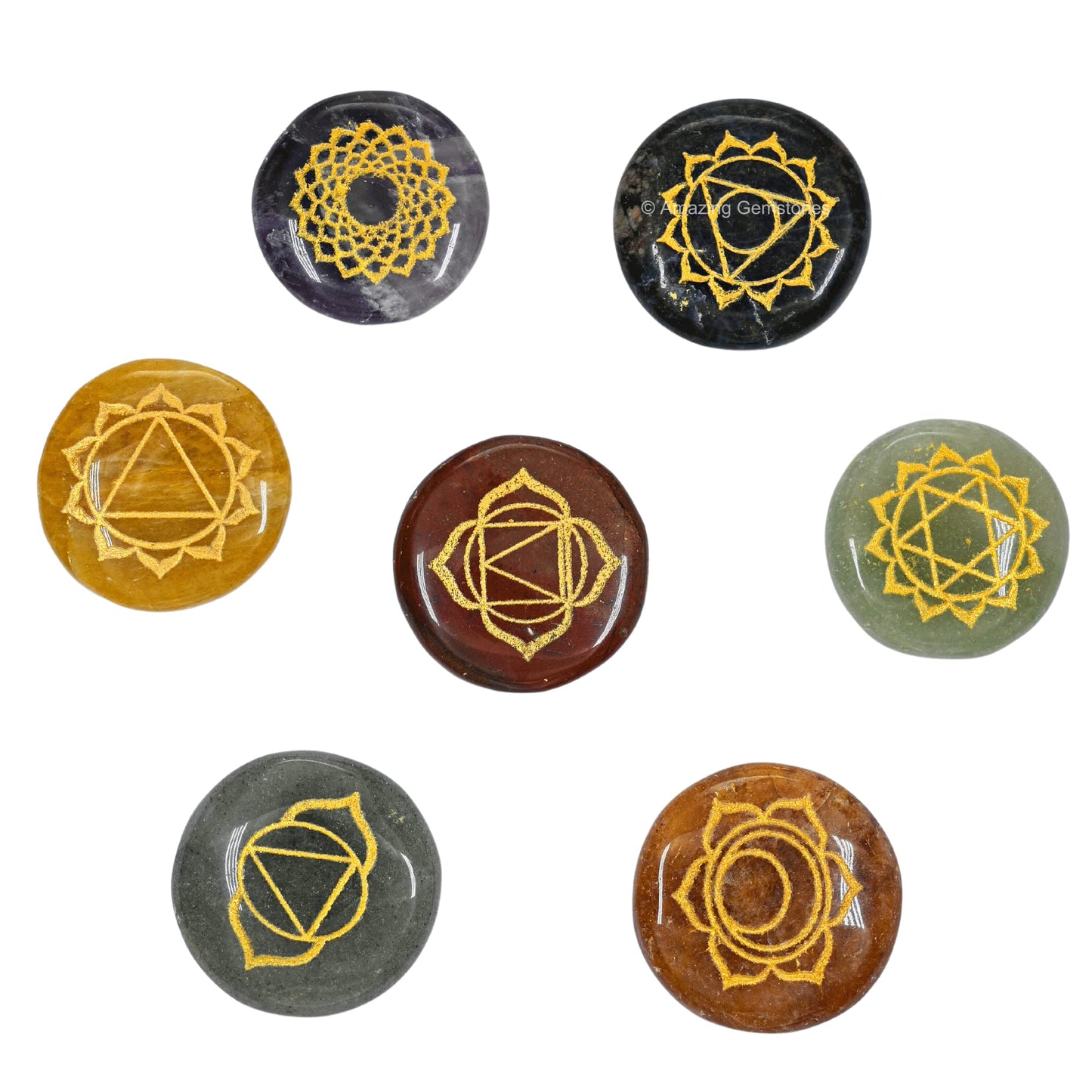 Amazing Gemstone 7 Chakra Set Reiki Healing Crystal with Engraved Chakra Symbols - Chakra Balancing Polished Palm Stones Set with Velvet Pouch