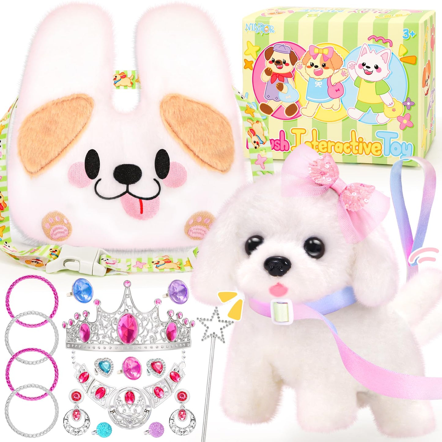 NINAOR Plush Dog Toys for Kids with Crossbody Bags Princess Jewelry, Robot Puppy with Leash Walking Barking, Pretend Play Dress Up Interactive Stocking Stuffers for Toddler Girl Toys Birthday Gifts
