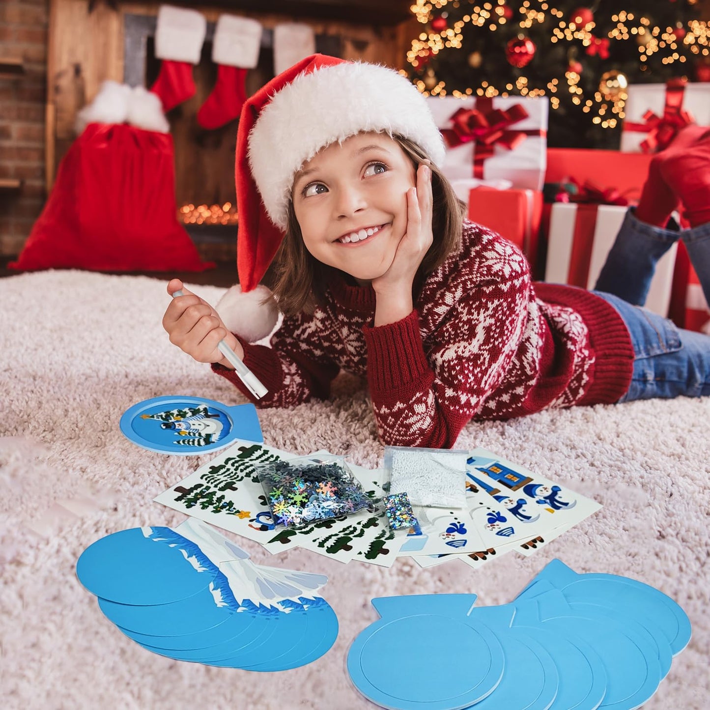 Cinrobiye 12 Set Winter Glitter Snow Globe Craft Kit Christmas DIY Hanging Stickers Ornament Craft Kit for Xmas Tree Decorations Classroom Home Holiday Party Favors Supplies (Winter)