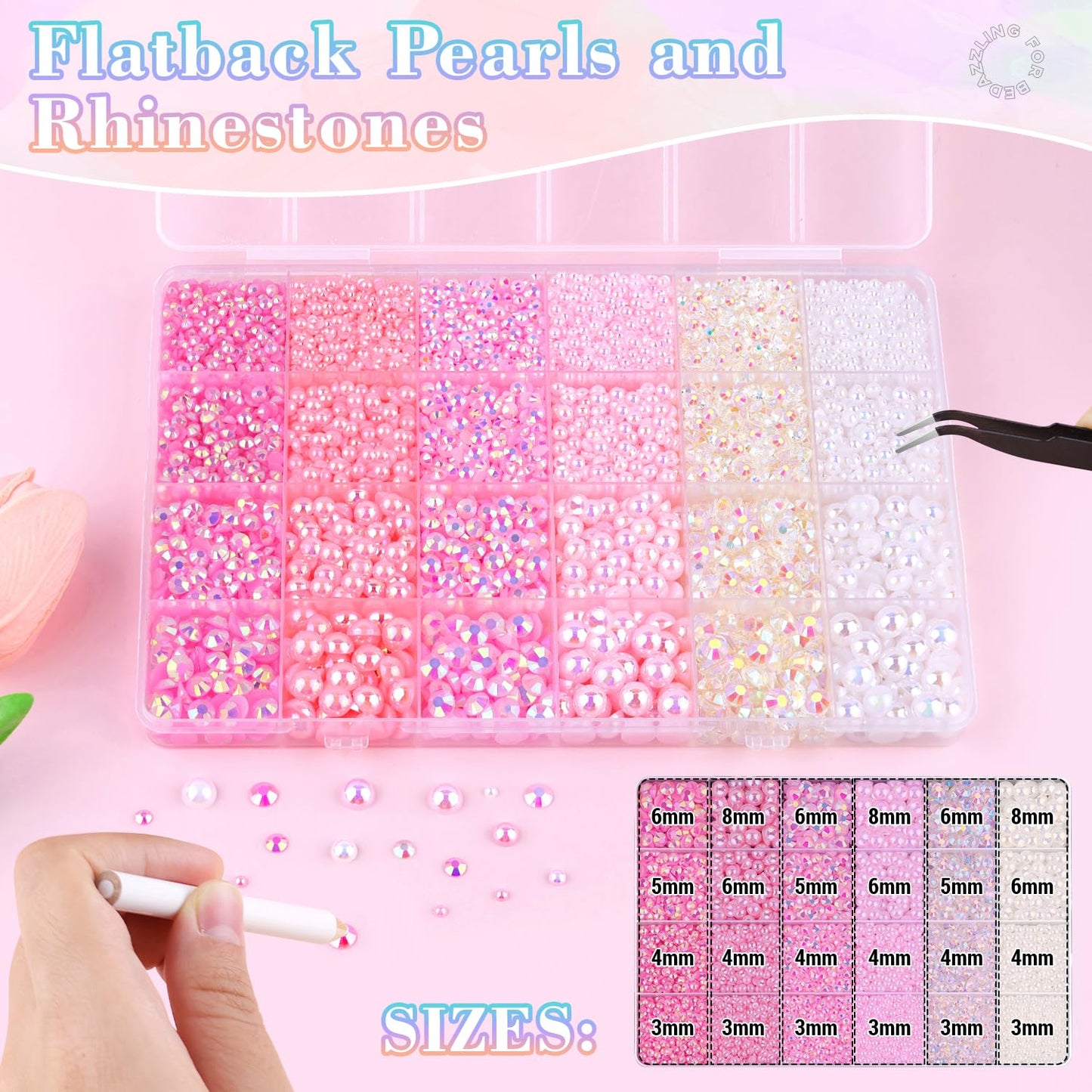 14000Pcs Flatback Pearls and Rhinestones for Crafting, Pink White Mixed Size 3-8mm Resin Rhinestones and Half Pearls for Bedazzling, Nail Art and Decoration with 3pcs B7000 Jewelry Glue