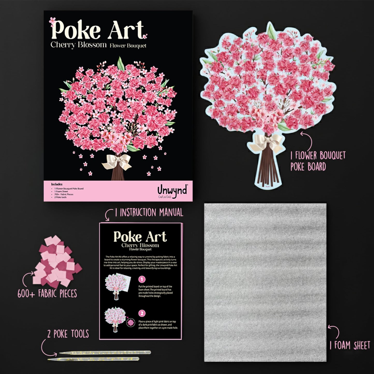 Unwynd Poke Art Cherry Blossom Flower Bouquet | Mess-Free Arts and Crafts for Adults | Teen Craft Kits | Mother's Day Flowers Gift | Gifts for Mother, Women and Men