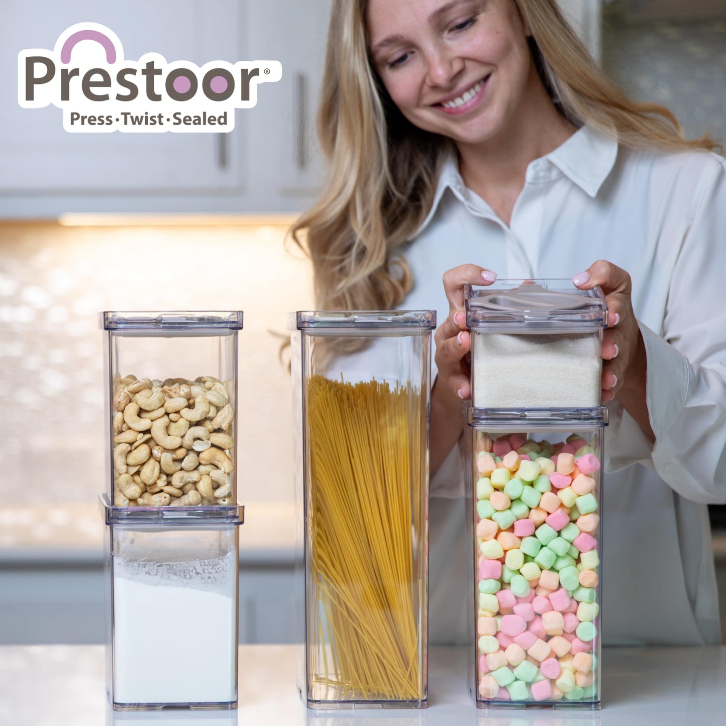 Prestoor 4-Pack Small Pantry Containers, 0.8 QT/0.76 L Clear SAN Food Storage Canisters with Twist-Lock Lids, Stackable for Sugar, Tea Bags, Seasoning, Nuts, Snacks (Green)