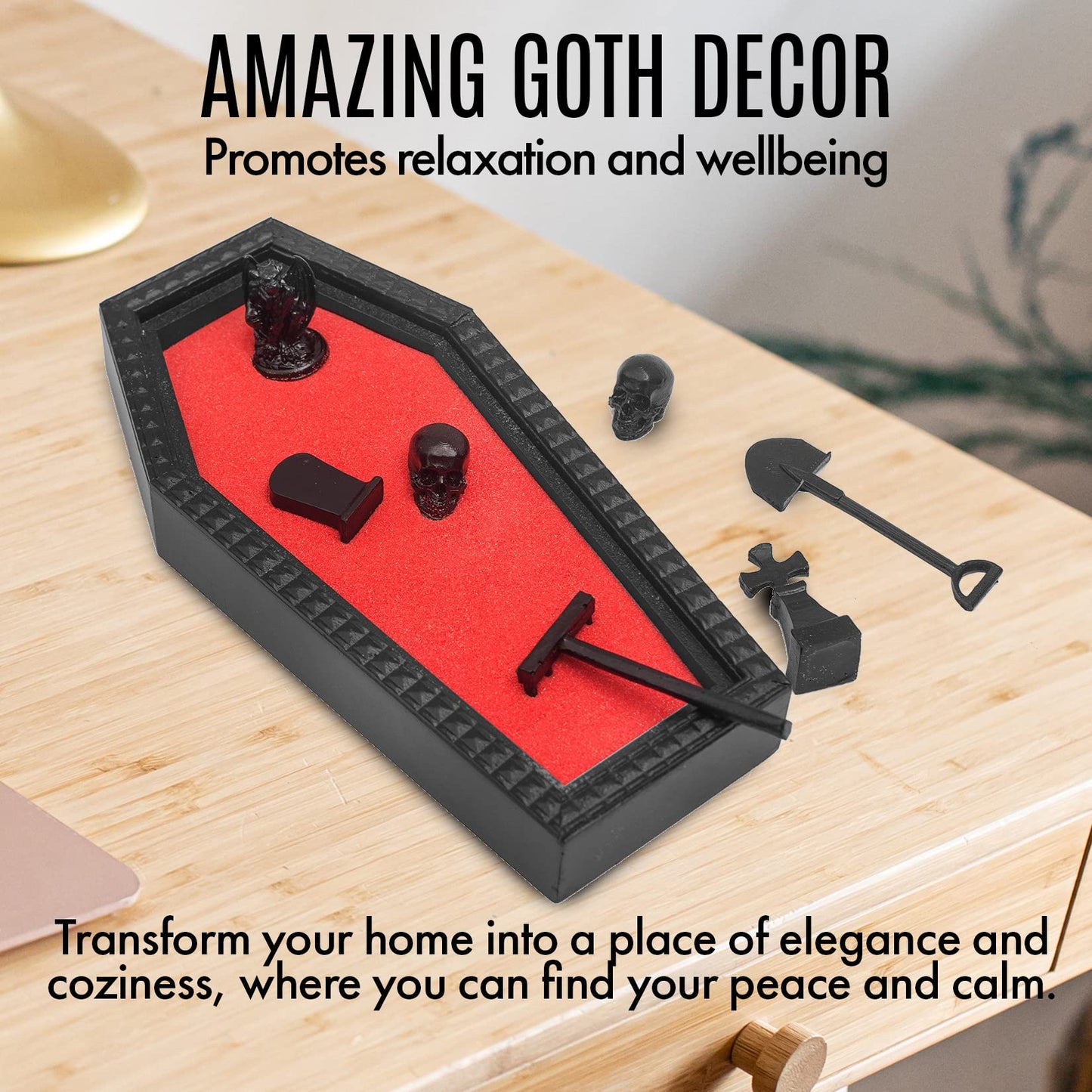CEFRECO Coffin Zen Garden with Red Sand - Unique Mini Therapy Zen Garden Kit for Desk - Spooky Goth Valentines Halloween Decor Sand Garden with Skulls for Home and Office - Witchy Gifts for Women