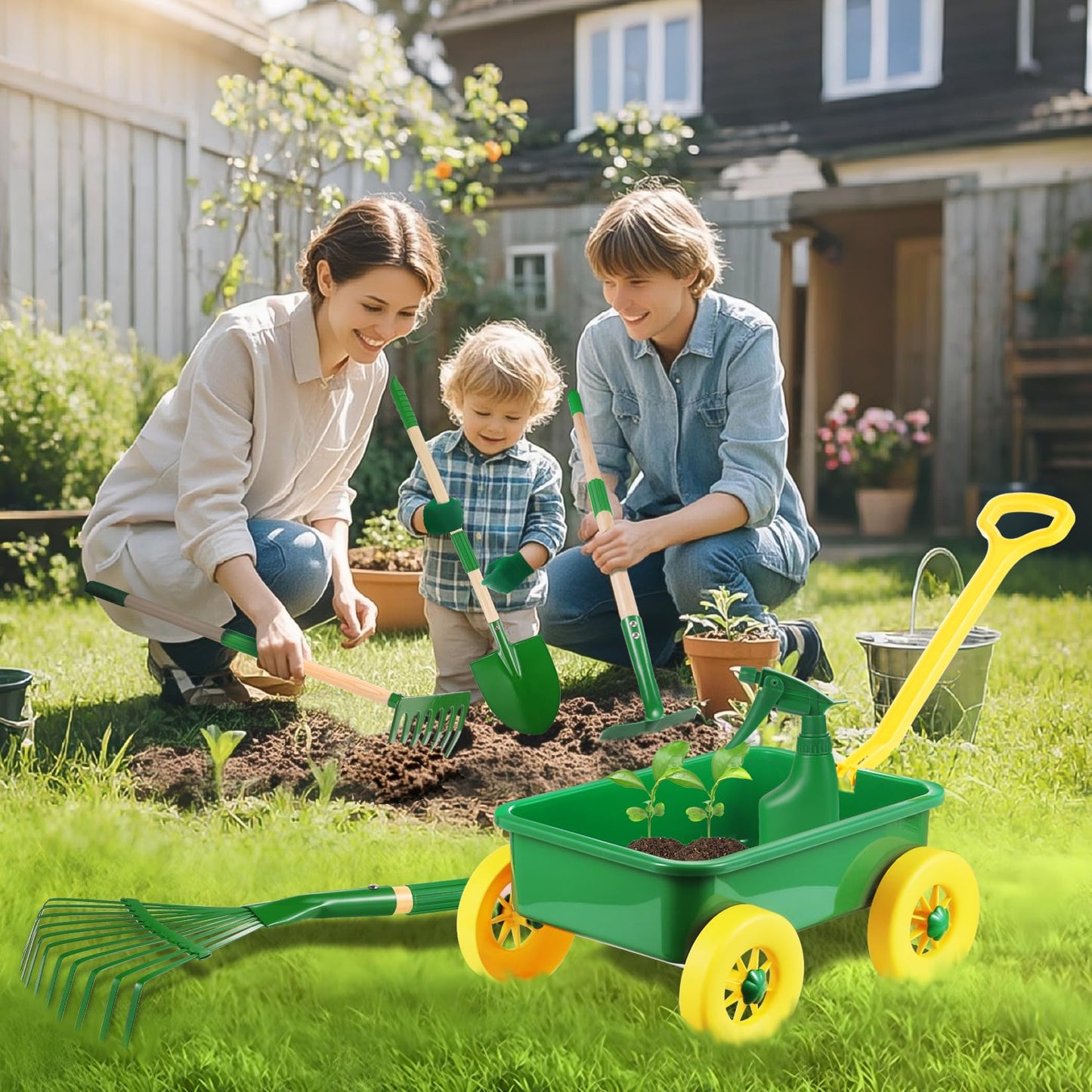 Duckura Kids Gardening Tools Set - 7pcs Wheelbarrow Set Outdoor Toy for Kids with Shovel, Rake, Leaf Rake, Yard Digging Weed Toys, Easter Birthday Gifts for Boys Girls Age 2 3+Years Old(Yellow)