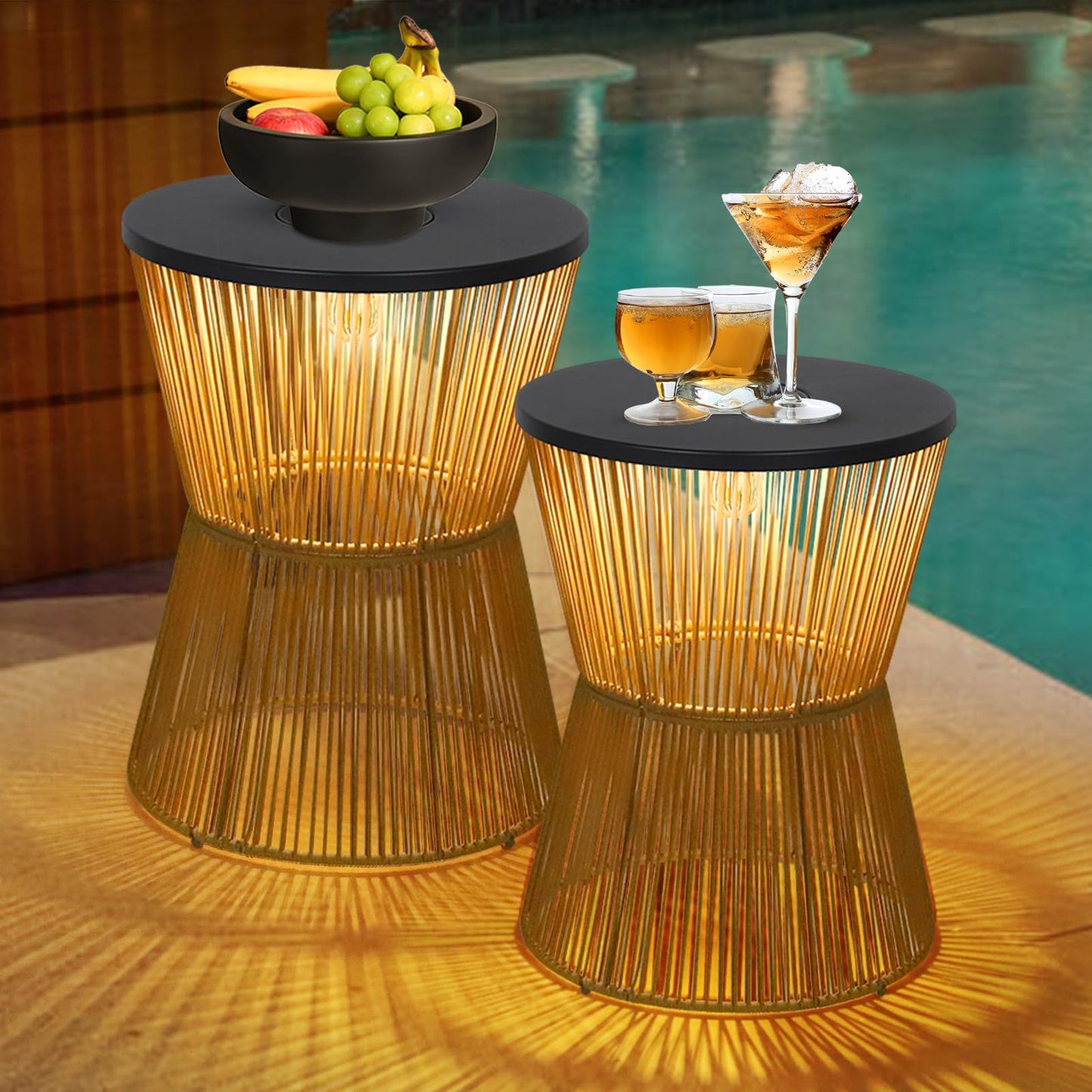 HMVPL Solar Outdoor Side Table with Dimmable Light, Patio Side Tables for Outside, Round Outdoor End Tables Set of 2, Plastic Rattan Patio End Accent Table for Poolside Backyard Gazebo, Dusk to Dawn