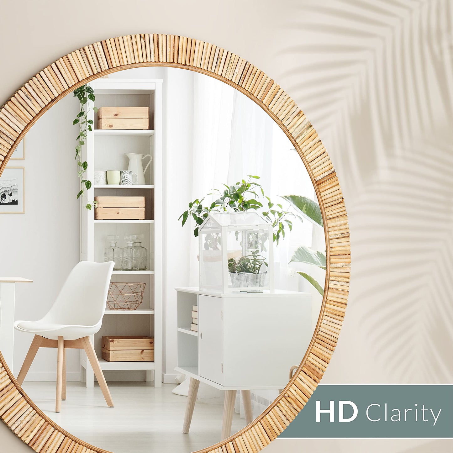 Barnyard Designs Round Rattan Wall Mirror, Natural Tan Woven Rattan Frame, Indoor Decorative Mirror for Bedroom Living Room Entryway (25.5", Round)