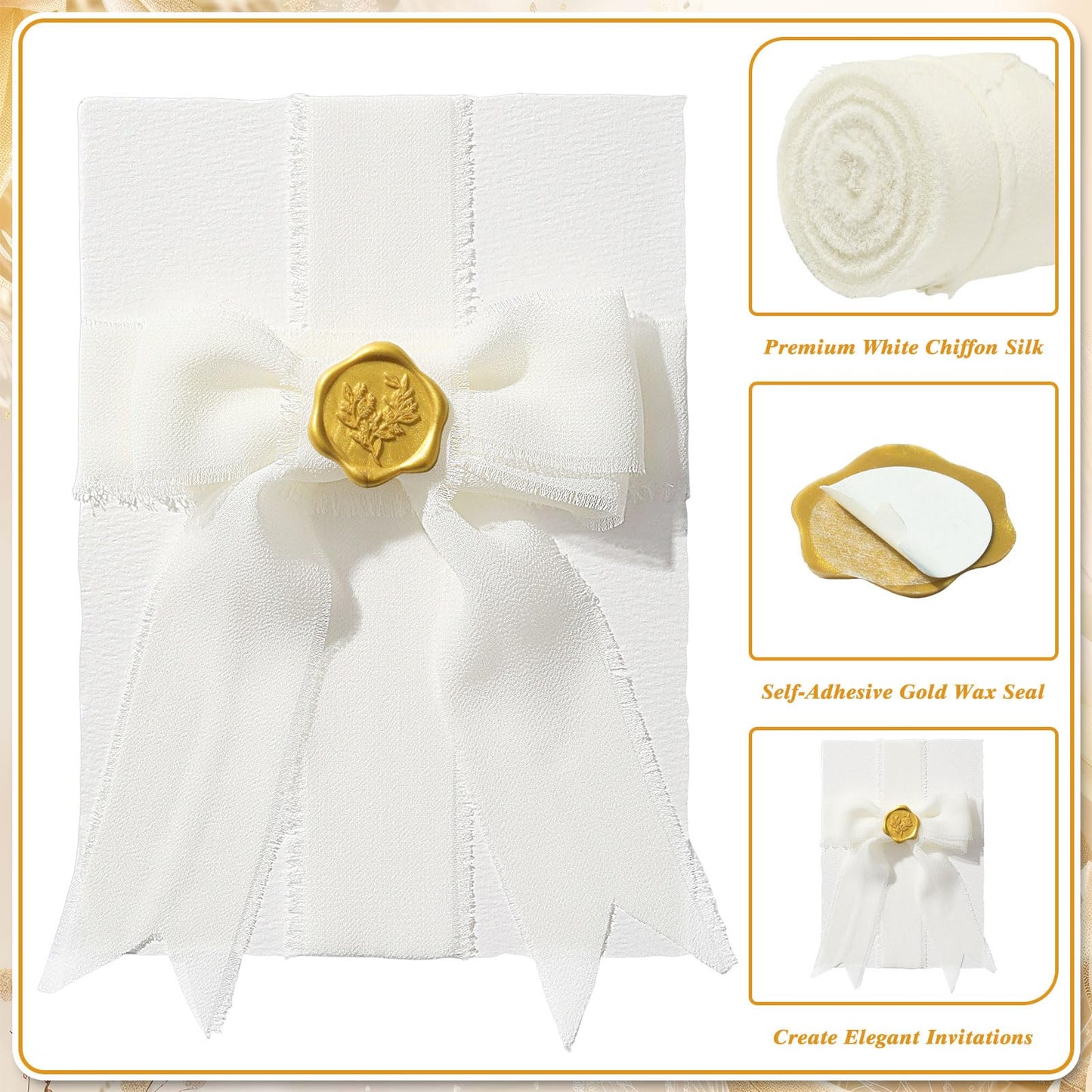 Prudiut 50 Sets Wedding Invitation Kit, 5x7 Handmade Paper, 300GSM Watercolor Paper, Self Adhesive Gold Wax Seal Stickers and 10 Rolls Chiffon Ribbon for Wedding Invitations Cards Craft DIY