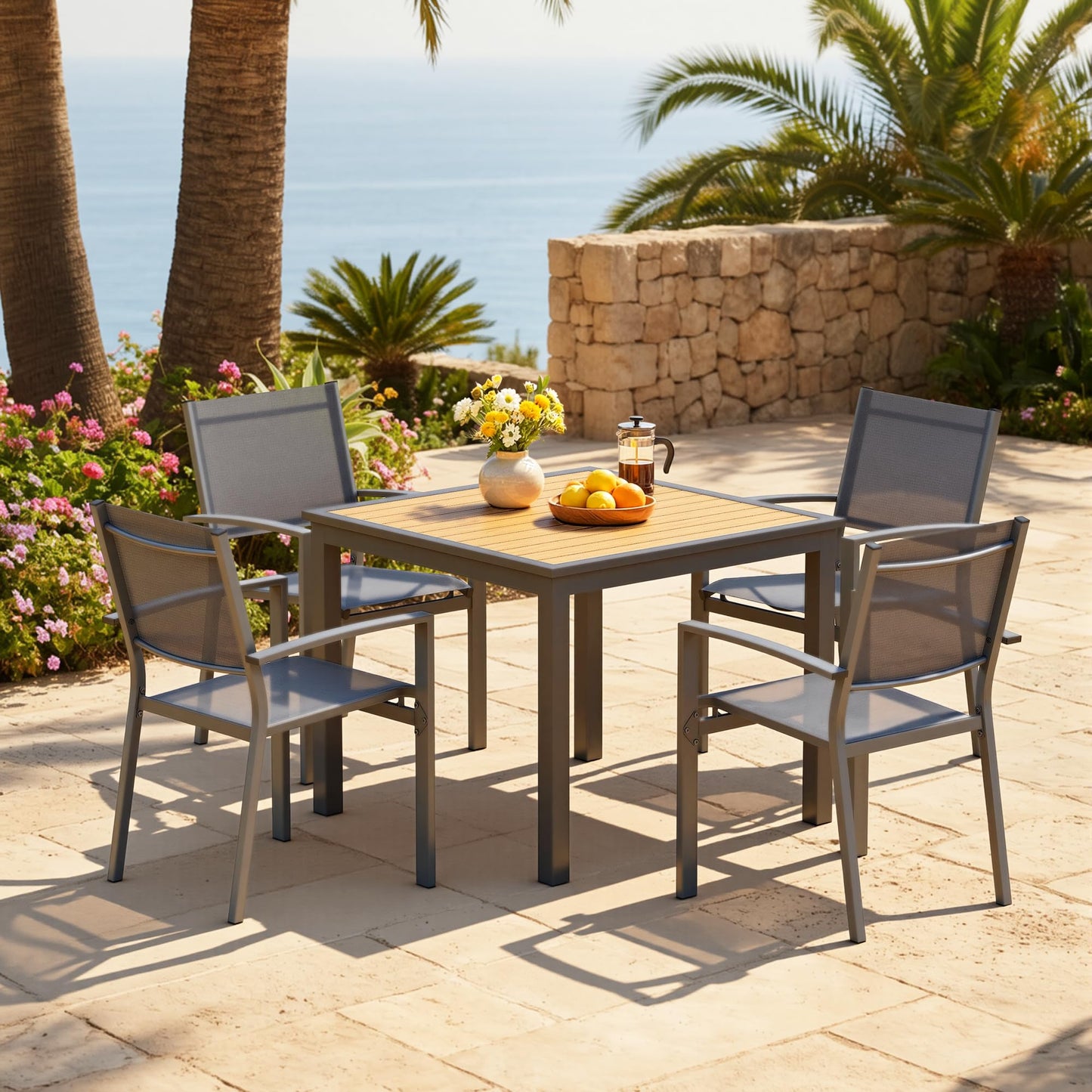 Wisteria Lane Patio Table and Chairs for 4, Outdoor Patio Dining Furniture Set with Aluminum Table and Metal Textilene Chairs, All-Weather Patio Table Set with HDPS Square Tabletop for Garden Porch