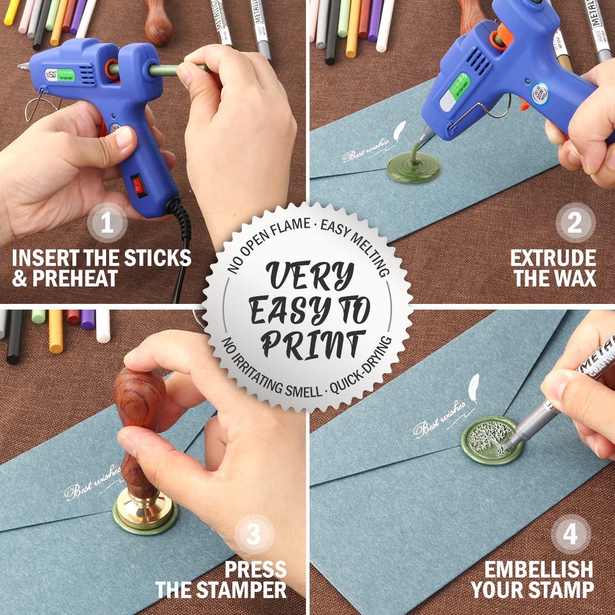 Wax Seal Kits, Wasole 40Pcs Pine Green Sealing Wax Sticks with Glue Gun + 2Pcs Wax Seal Pens for Wax Seal Stamp, Great for Wedding Invitations, Birthday Cards, Envelopes, Gift Wrapping