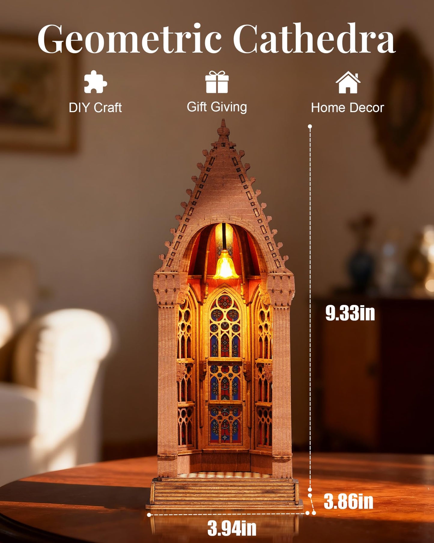 Rowood 3D Puzzle,Gothic Architecture Buiding Set Wooden Model Kits for Adults,DIY Adult Craft Kits with LED,Chirstmas Birthday Gift-Geometric Cathedral