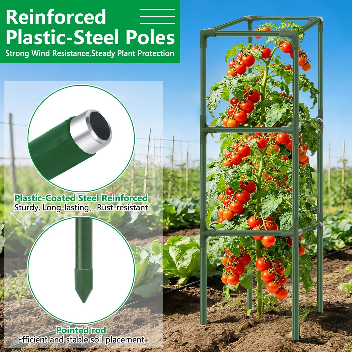 6 Pack Square Tomato Cages, 49.2" Large Upgraded Heavy Duty Steel Tomato Trellis Stakes, Garden Plant Support Cages Kit for Raised Garden Bed, Cucumber Trellis Vegetables and Climbing Plants
