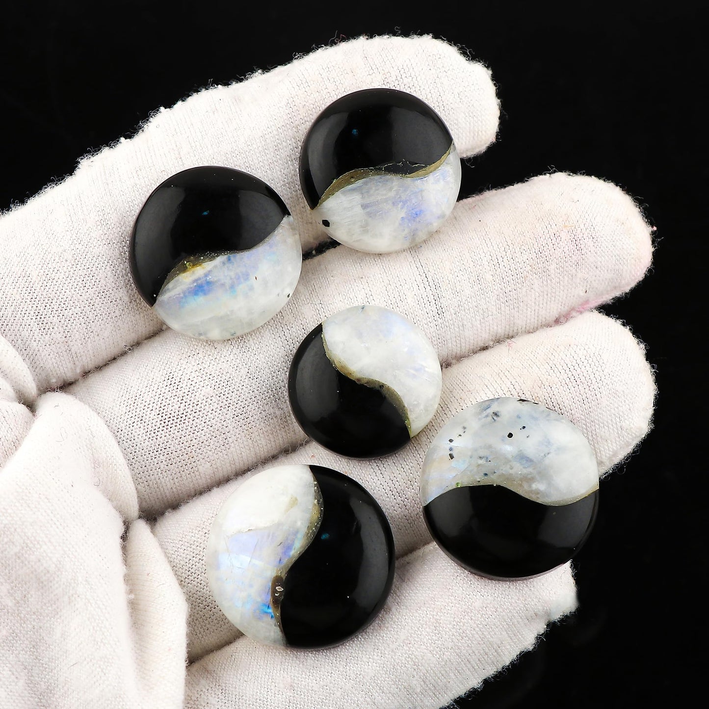 ColouredRocks Moonstone & Labradorite (5pcs)(18-20mm) Natural Cabochon Crystals, Loose Gemstone, Wholesale Polished Supply, Jewelry Making, Chakra Healing Stone, DIY Craft, Gem Collection