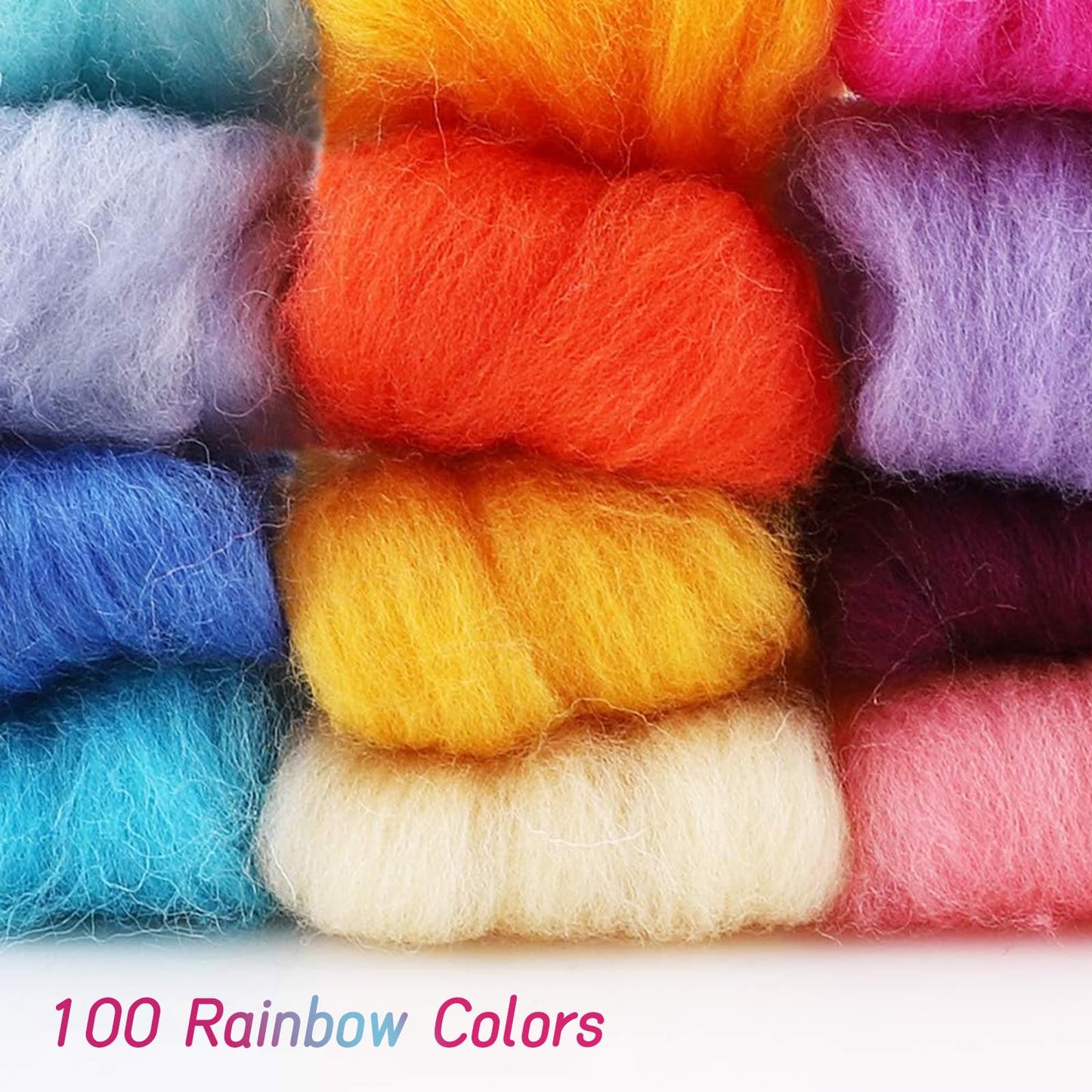 Habbi 100 Colors Needle Felting Wool - Fibre Wool Roving for DIY Craft, Fiber Art and Hand Spinning, Needle Felting Supplies Felting Kit,100 Colors / 3g Each