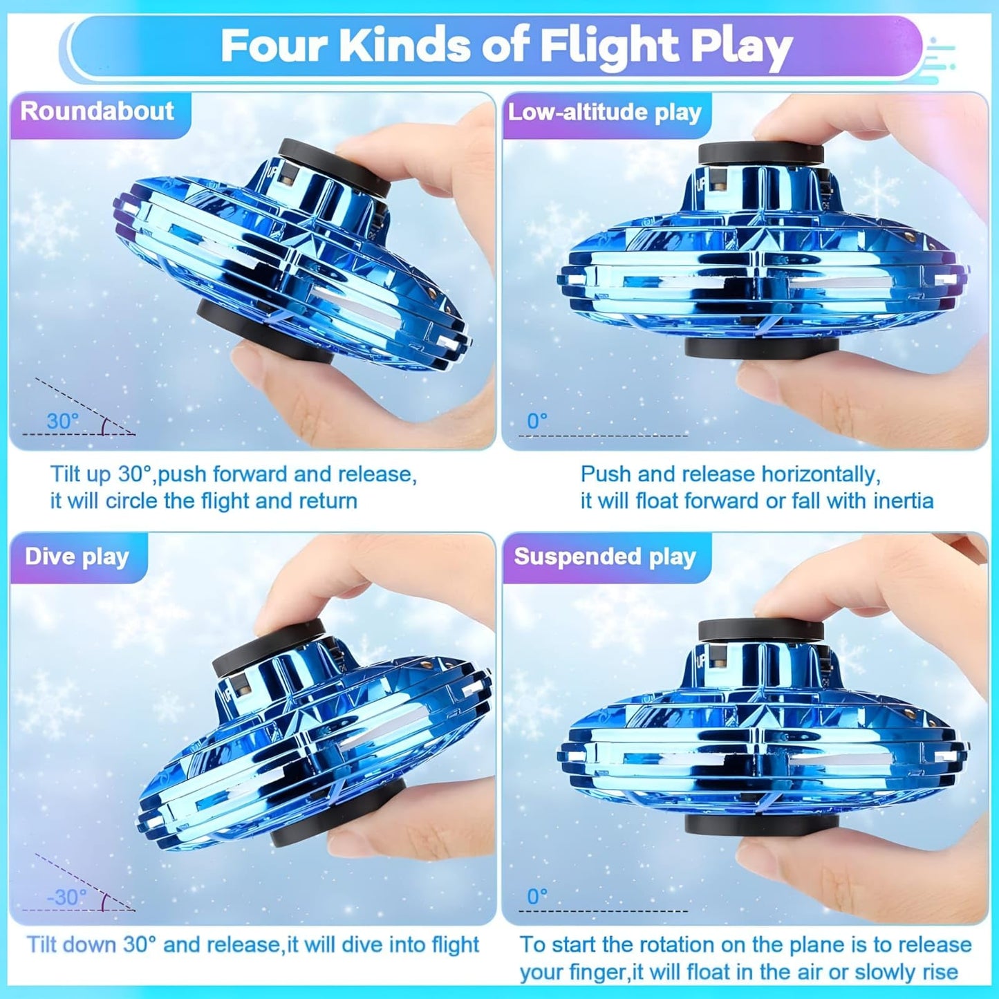 SHIP SMART CM Toys 2024 Hand Operated Mini Drones, Upgraded UFO Magic Flying Orb with LED Lights, Hand Controlled Hover Boomerang Spinner, for Boys Girls Teens 7+, Indoor Outdoor Toys (Blue), Small
