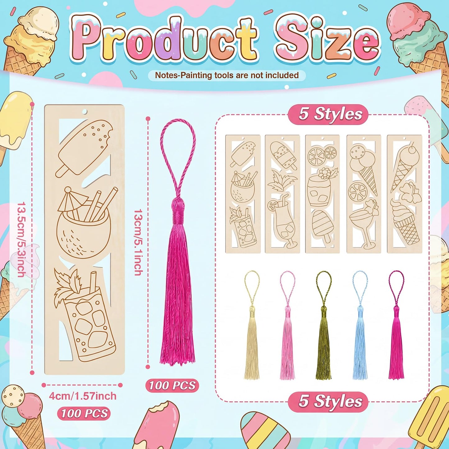 Yexiya 200 Pcs Ice Cream Color Your Own Bookmarks Kit, Summer DIY Coloring Blank Wooden Bookmarks, 100 Set Unfinished Bulk Hollow with Tassel Craft for Classroom Activities Birthday Party Favors Gift