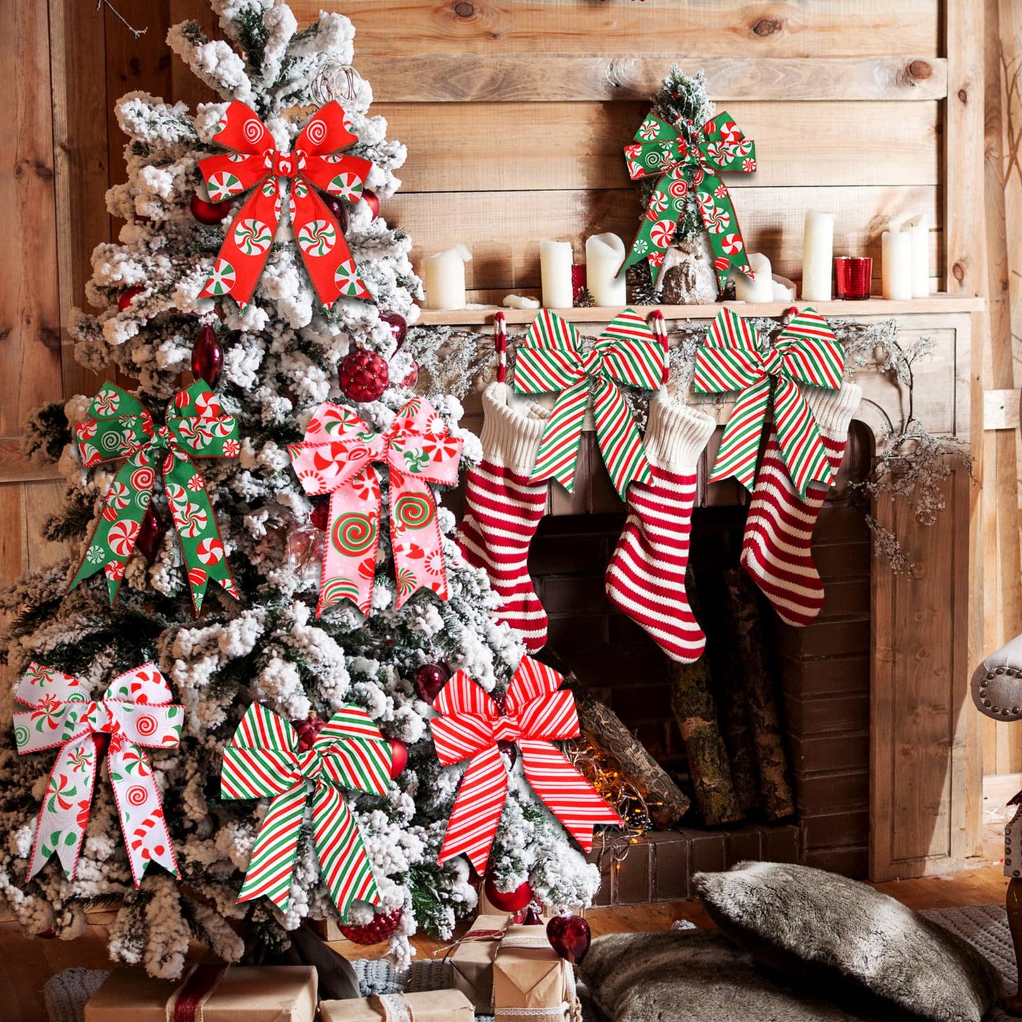 Yingzhao 6 Rolls 30 Yards Christmas Candy Peppermint Wired Edge Ribbon Burlap Red Green Candy Cane Fabric Craft Ribbon for Christmas Tree Decoration Gift Wrapping Wreaths