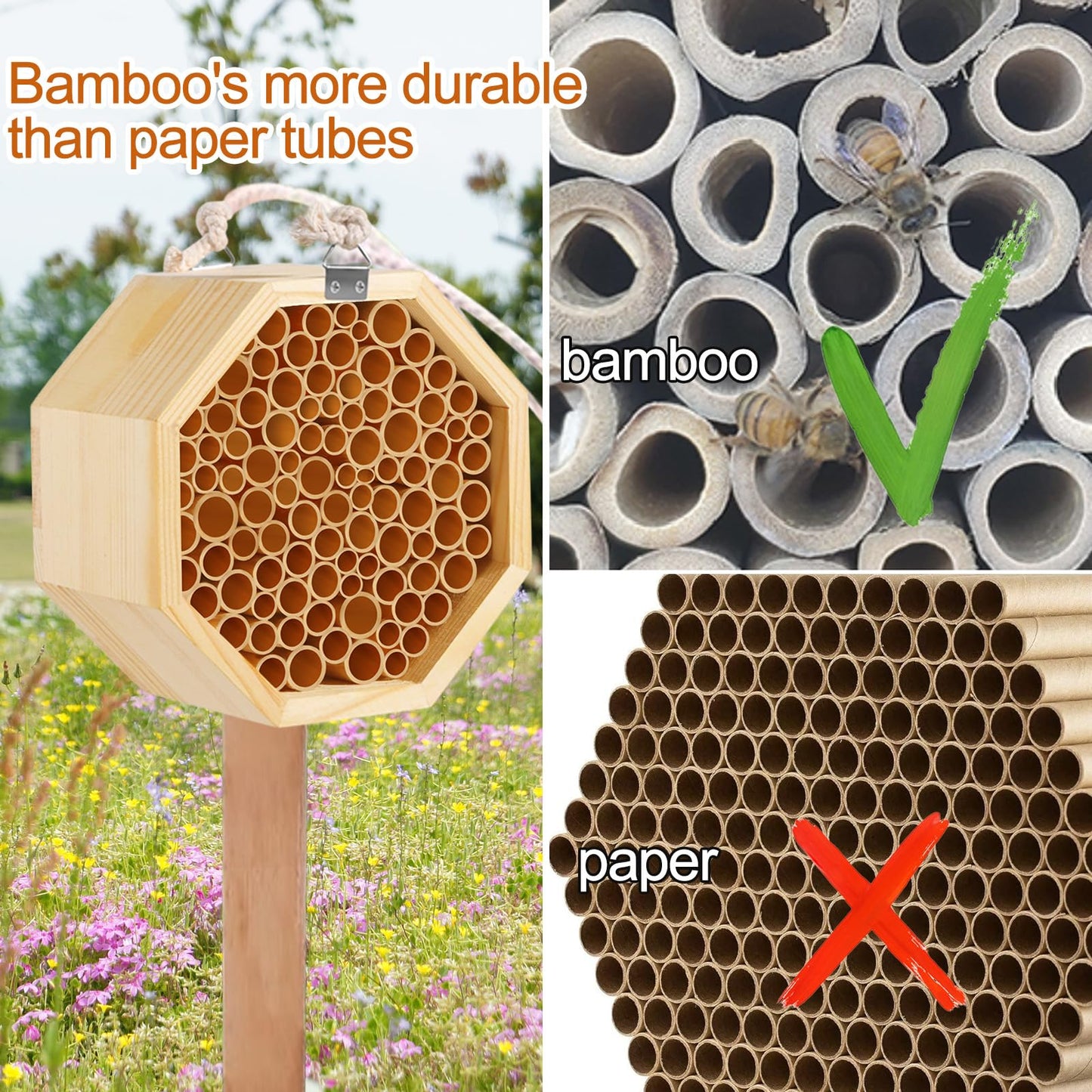 Mason Bee House - Handcrafted Natural Wooden Bee Hotel with Waterproof Wax Coating - Attracts Peaceful Pollinators, Enhances Garden Productivity