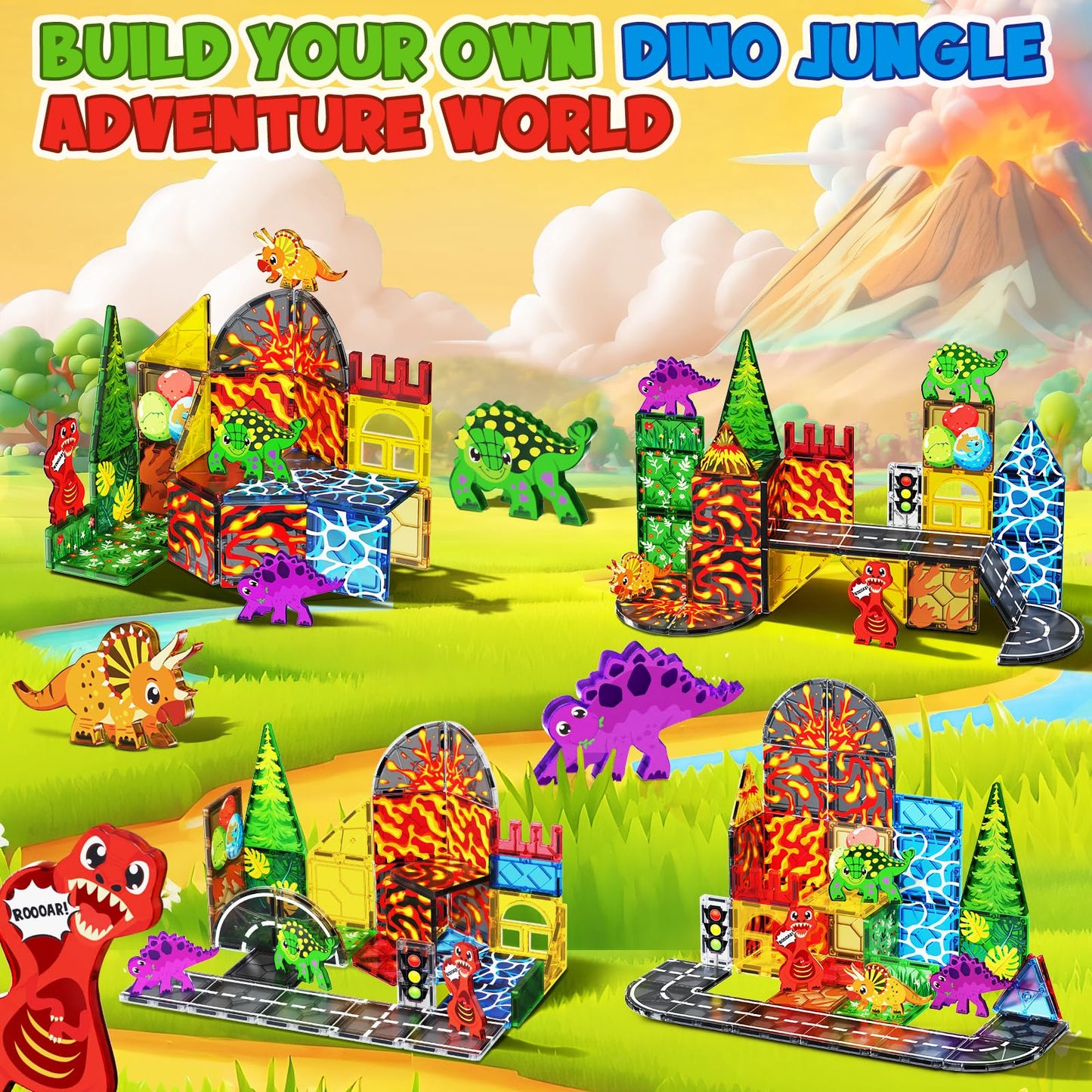 Magnetic Tiles with 4 Dinosaur Toys - Jurassic Scenes Dino World Magnet Tiles for Kids, Magnetic Building Blocks Set for Boys Girls Ages 3+, Sensory Toddler Creative Games Birthdays Gifts