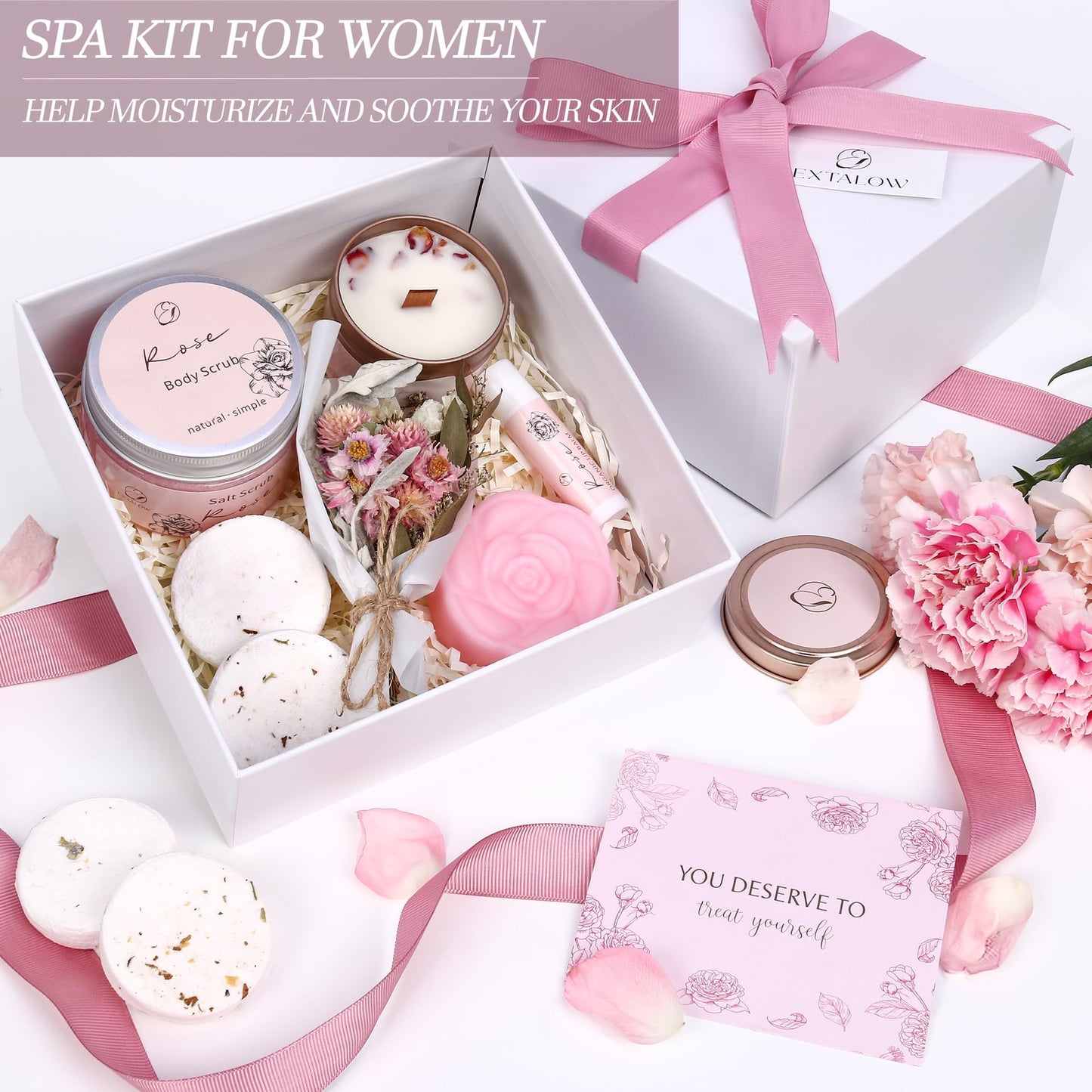 EXTALOW Spa Gifts for Women Bath and Body Gift Baskets Mothers Day Gift Rose Home Spa Set Self Care Gifts for Mom Sister Her Wife Birthday Gifts for Women Spa Kit Care Package Thank You Gift