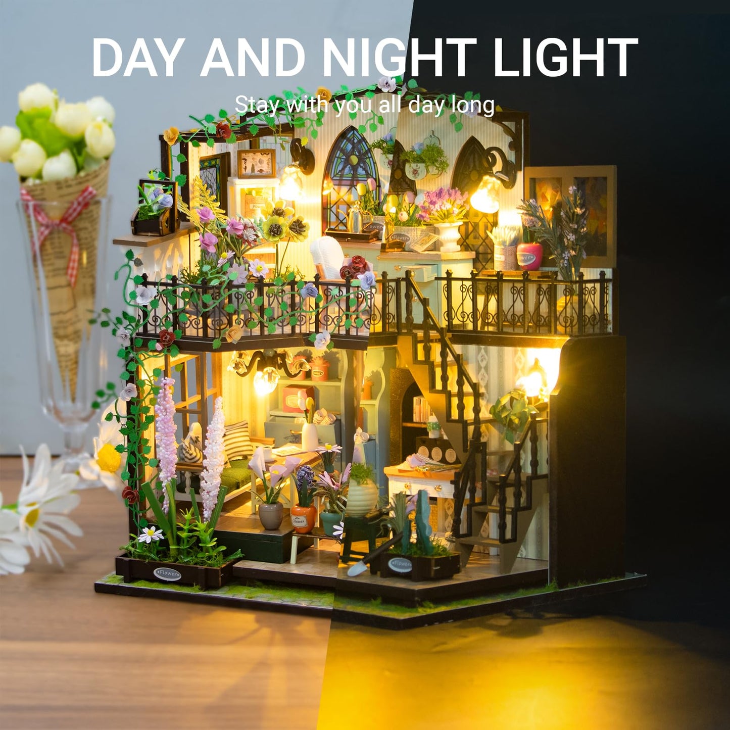 PANZIYU DIY Miniature House Kit, Fairy Dollhouse for Adults to Bulid,Tiny Home Making Kit with Wooden Furniture and LED, Halloween Decoration for Family and Friends (Darcy Flower House)