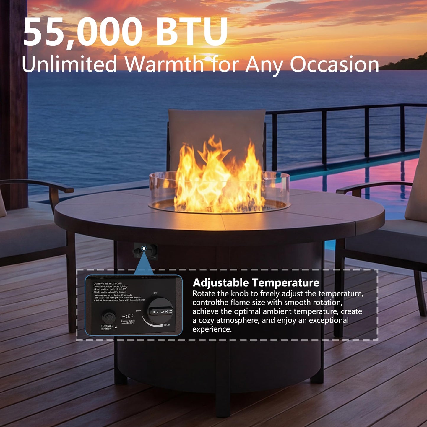 RTDTD 48" Round Propane Fire Pit Table,55000 BTU Round Firepit,Outdoor Fire Pit with Fire Glass,Lid,Waterproof Cover and Blue Glass Stone for Backyard,Garden,Patio