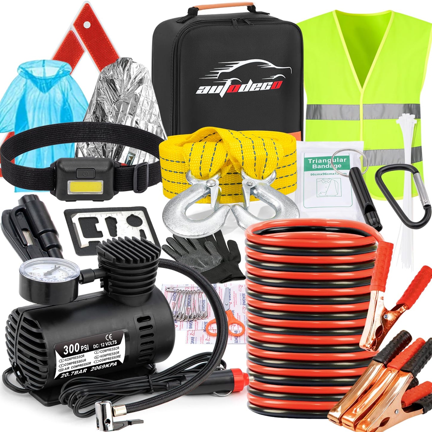 AUTODECO Car Roadside Emergency Kit, Car Safety Kit Portable Vehicle Kits for Emergency with Jumper Cables, Tow Straps, Safety Hammer, Black