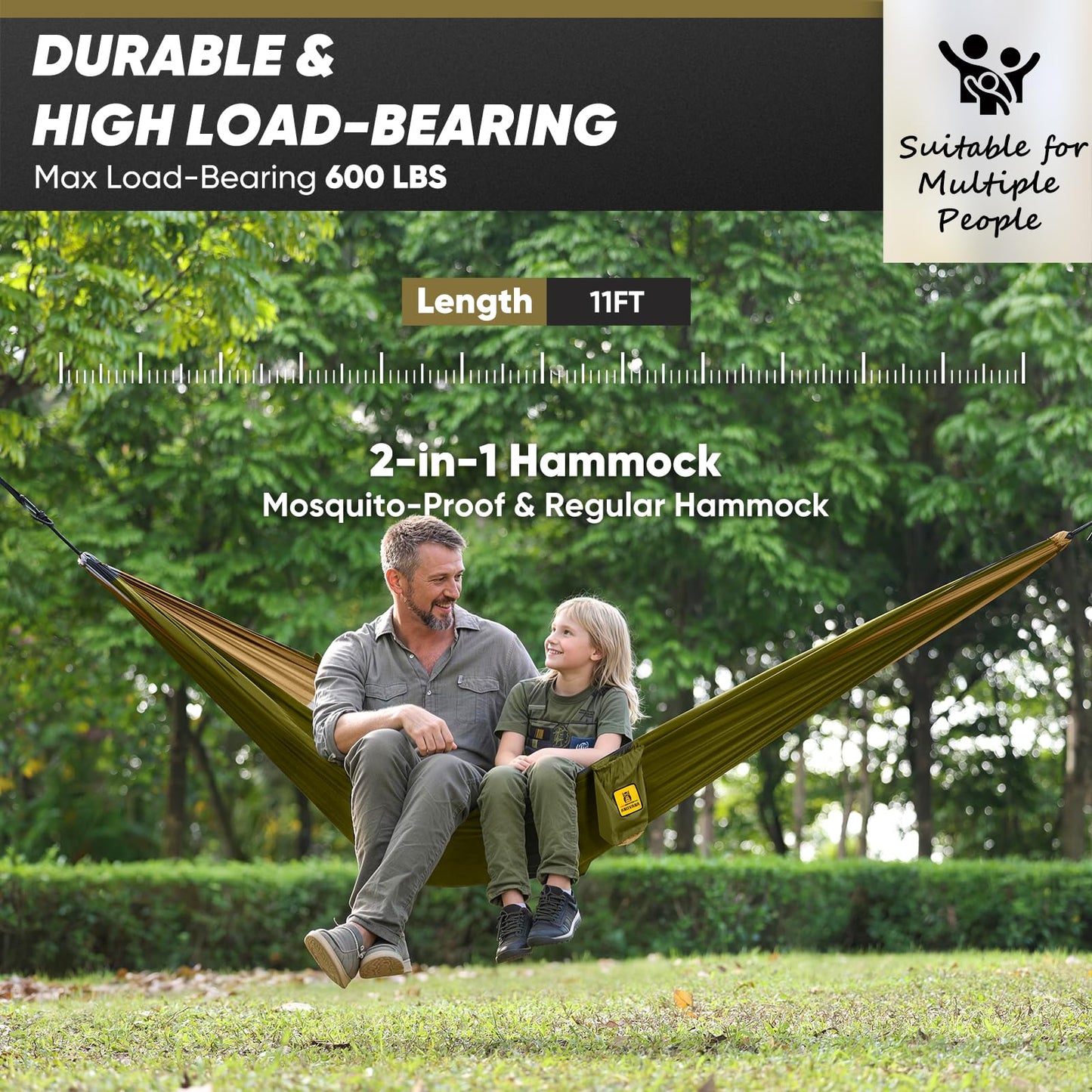Camping Hammock with Mosquito Net, 600 lbs Portable Hammock with Tree Straps, 2-in-1 Double/Single Travel Hammock Tent for Outside/Indoor/Backpacking/Beach - Green & Khaki