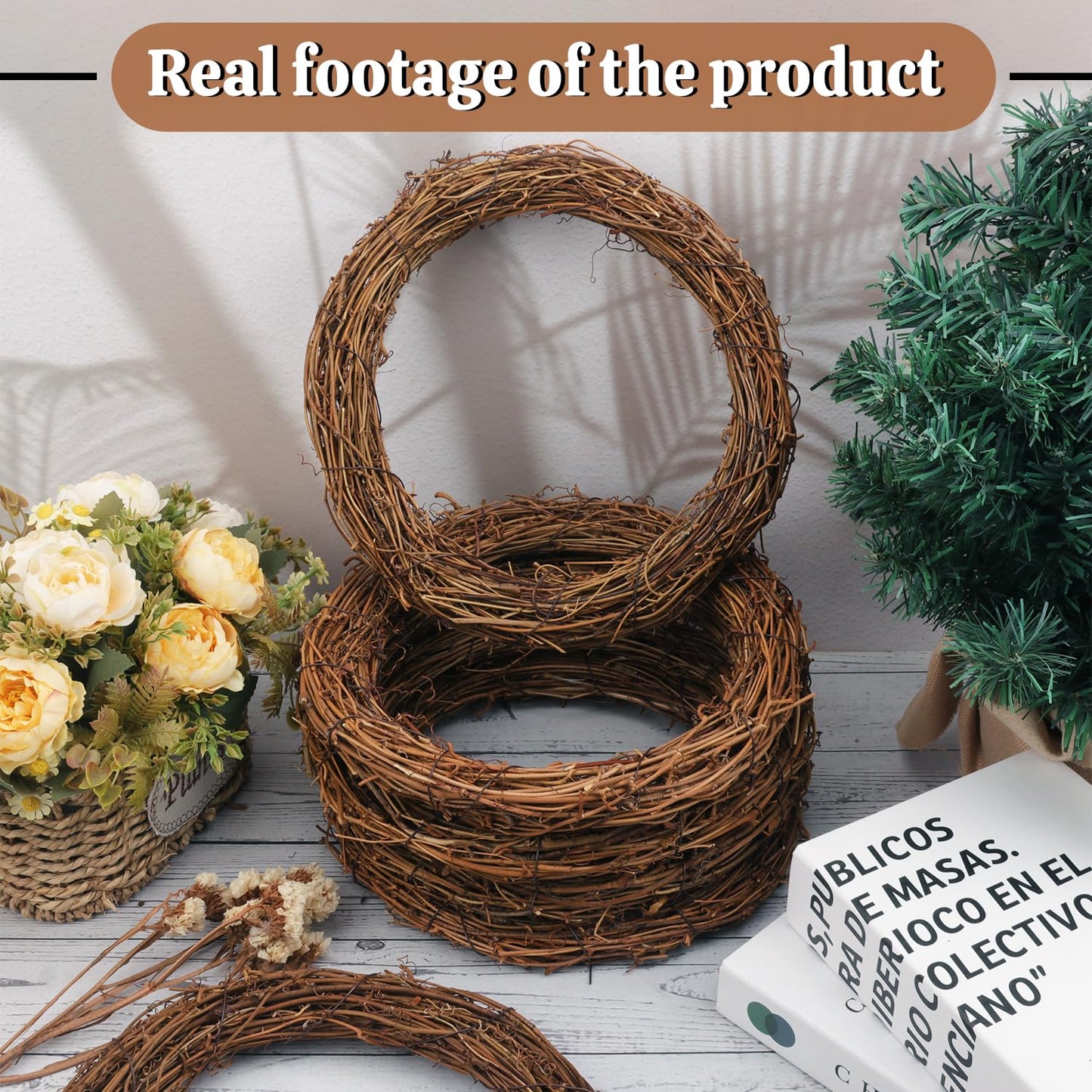 Yiksonyo 7 Pcs 10 Inch Natural Grapevine Wreath, Natural Rattan Wreath,Hand-Woven 10 Inch Vine Branch Wreaths, Perfect for DIY Crafts, Christmas Decorations, and Wedding Supplies