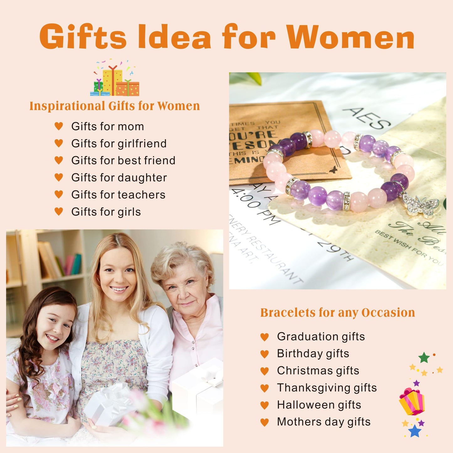 Inspirational Gifts for Women Natural Stone Heart Butterfly Bracelet for women Unique Small Gifts for Birthday Mothers day Thanksgiving Christmas Valentine's Day Teacher Appreciation Gifts (Amethyst)