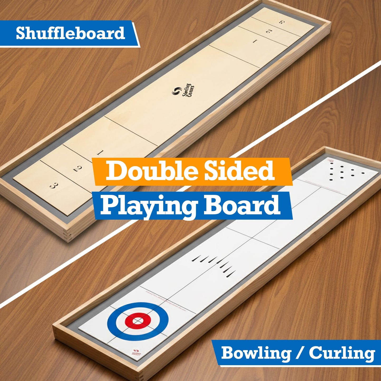 Sterling Games Tabletop Shuffleboard, Bowling and Curling 3 in 1 Combo Game Set, Two Sided Wooden Arcade Game Board with Pucks and Bowling Pins, a Table Top Game for Kids and Family