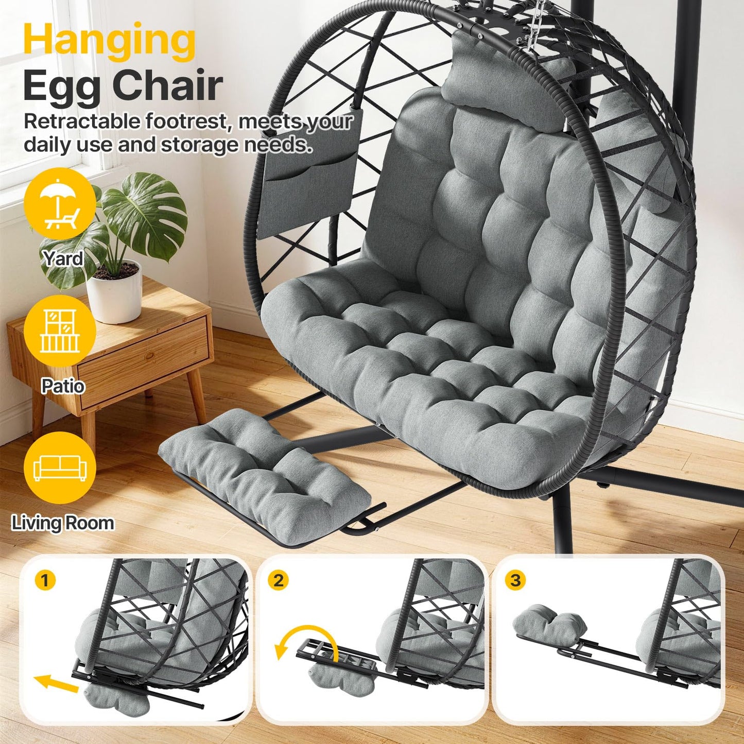 Suteck Double Hanging Egg Chair with Adjustable Footrest & Stand, Indoor Outdoor 2 Person Wicker Egg Swing Chair with Cushion, 660lbs Capacity for Patio, Bedroom, Garden - Grey