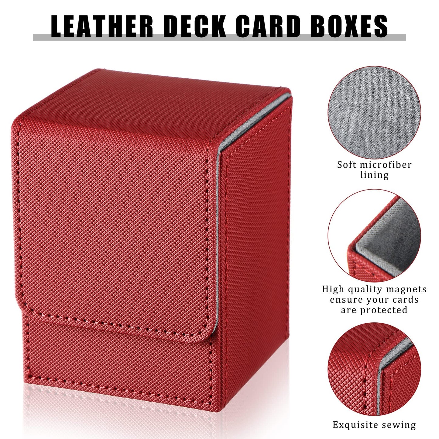 Weewooday 2 Boxes Leather Deck Card Boxes Large Size Fit 100 Plus Sleeved Cards Deck Game for Collectible Playing Compatible with Mtg Tcg(Vertical,Black Red, Red)