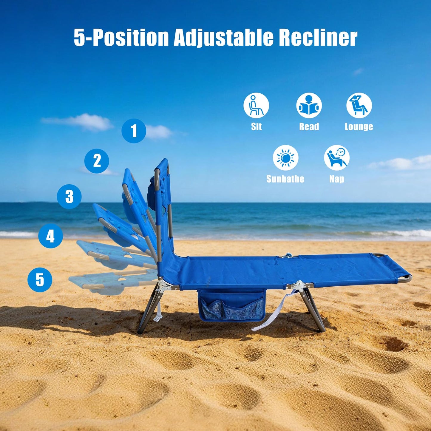 SUNNYFEEL Lay Flat Tanning Chair 2 Pack with Face Down Hole & Arm Slots, Backpack Beach Lounge Chair, 5-Position Folding Sunbathing Chair, 300 LBS Heavy Duty, 72" L x 22" W for Beach, Pool, Camping