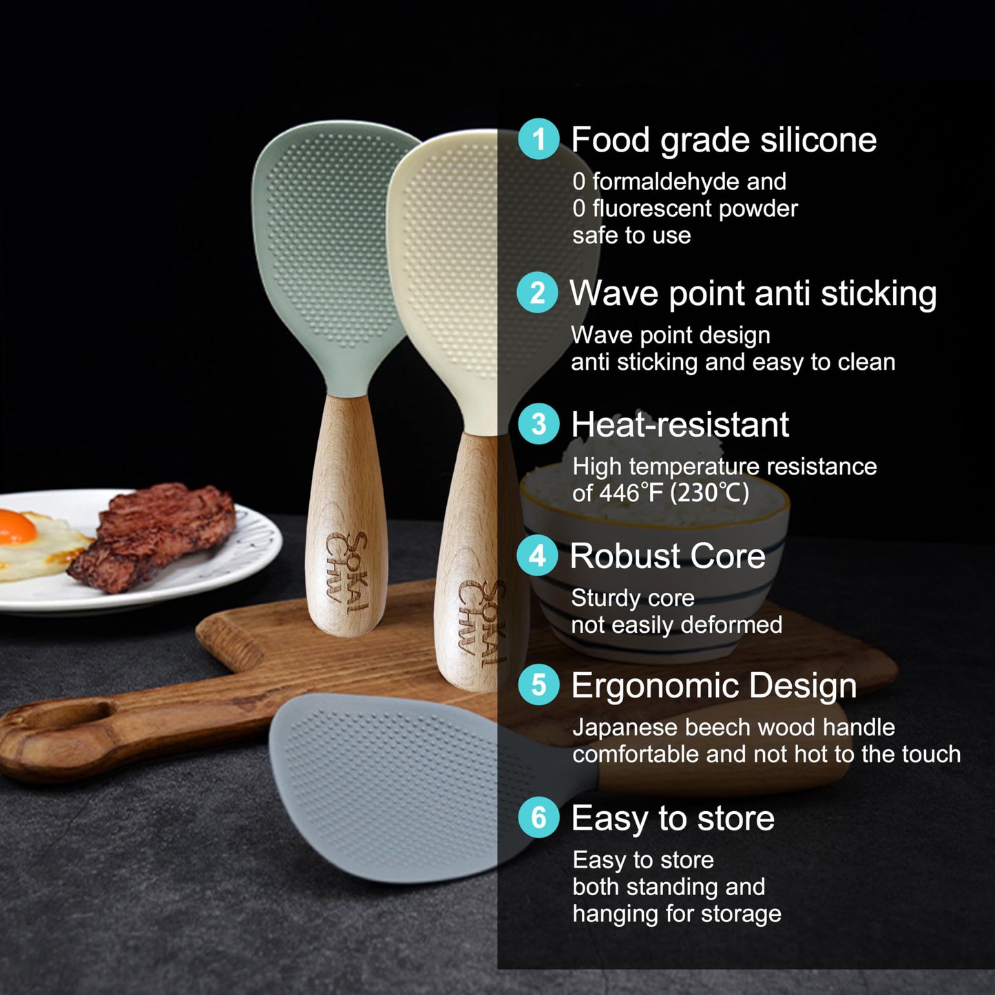 SoKalChw Standing Silicone Cooking Spoon and Rice Spoon with Wooden Handle, Great for Cooking, Mixing, Scoop, Scrape, Non stick Heat Resistant(Green)