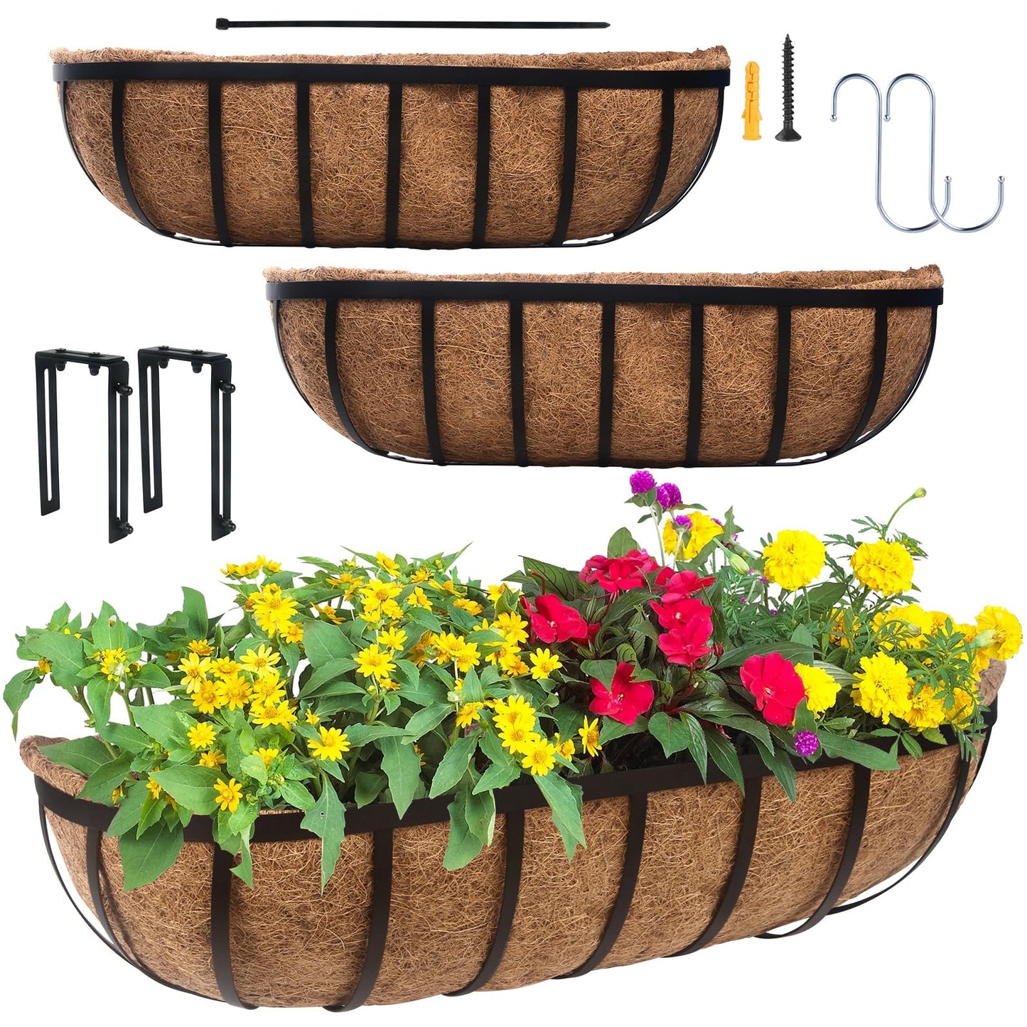 DUNCHATY 24 Inch Railing Planter Box 3 Pack - Metal Window Flower Box with Coco Coir Liner & Adjustable Hooks for Deck Balcony Porch Fence - Outdoor Horse Trough Planter for Herbs & Flowers